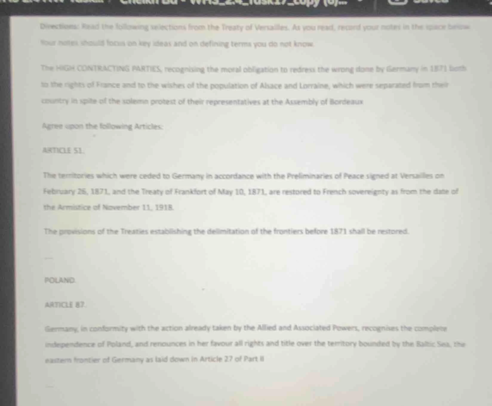 directions: read the following selections from the treaty of versailles…