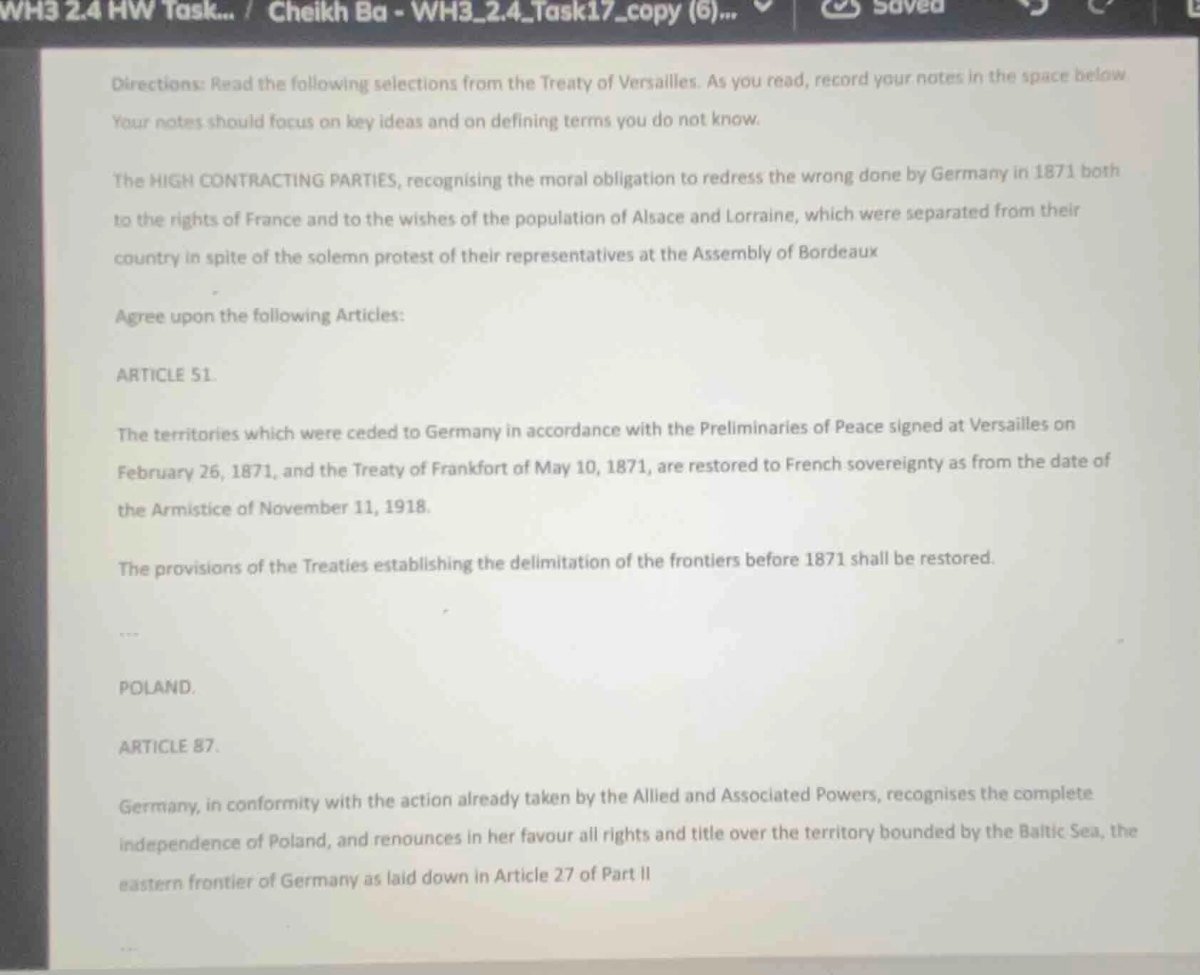 directions: read the following selections from the treaty of versailles…