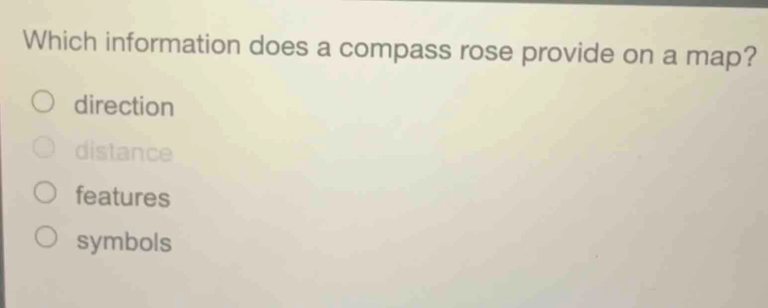 which information does a compass rose provide on a map? ○ direction ○ d…