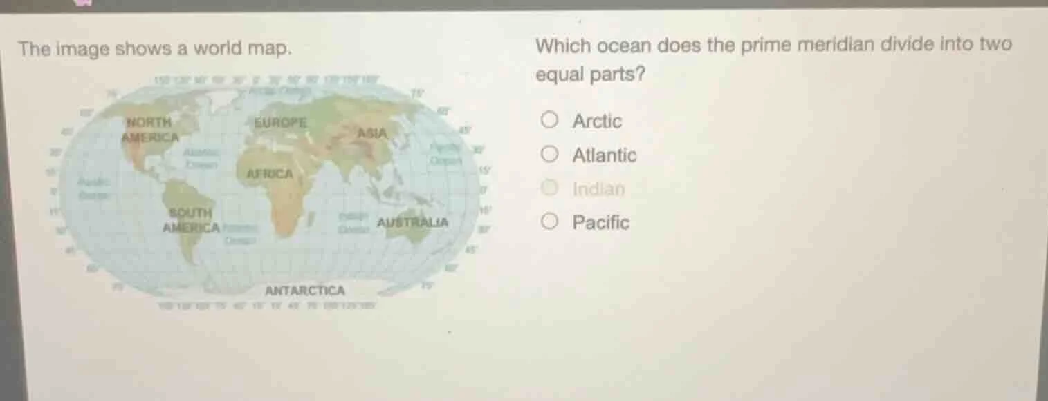 the image shows a world map. which ocean does the prime meridian divide…