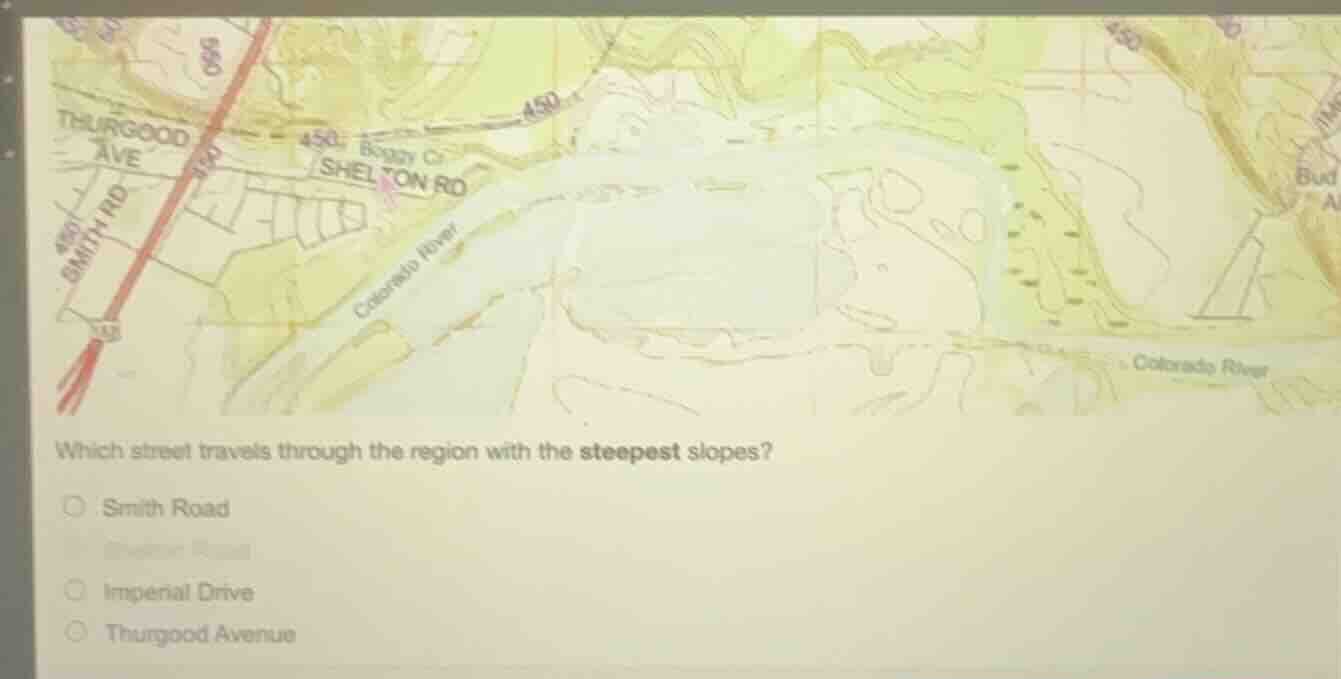 which street travels through the region with the steepest slopes? ○ smi…