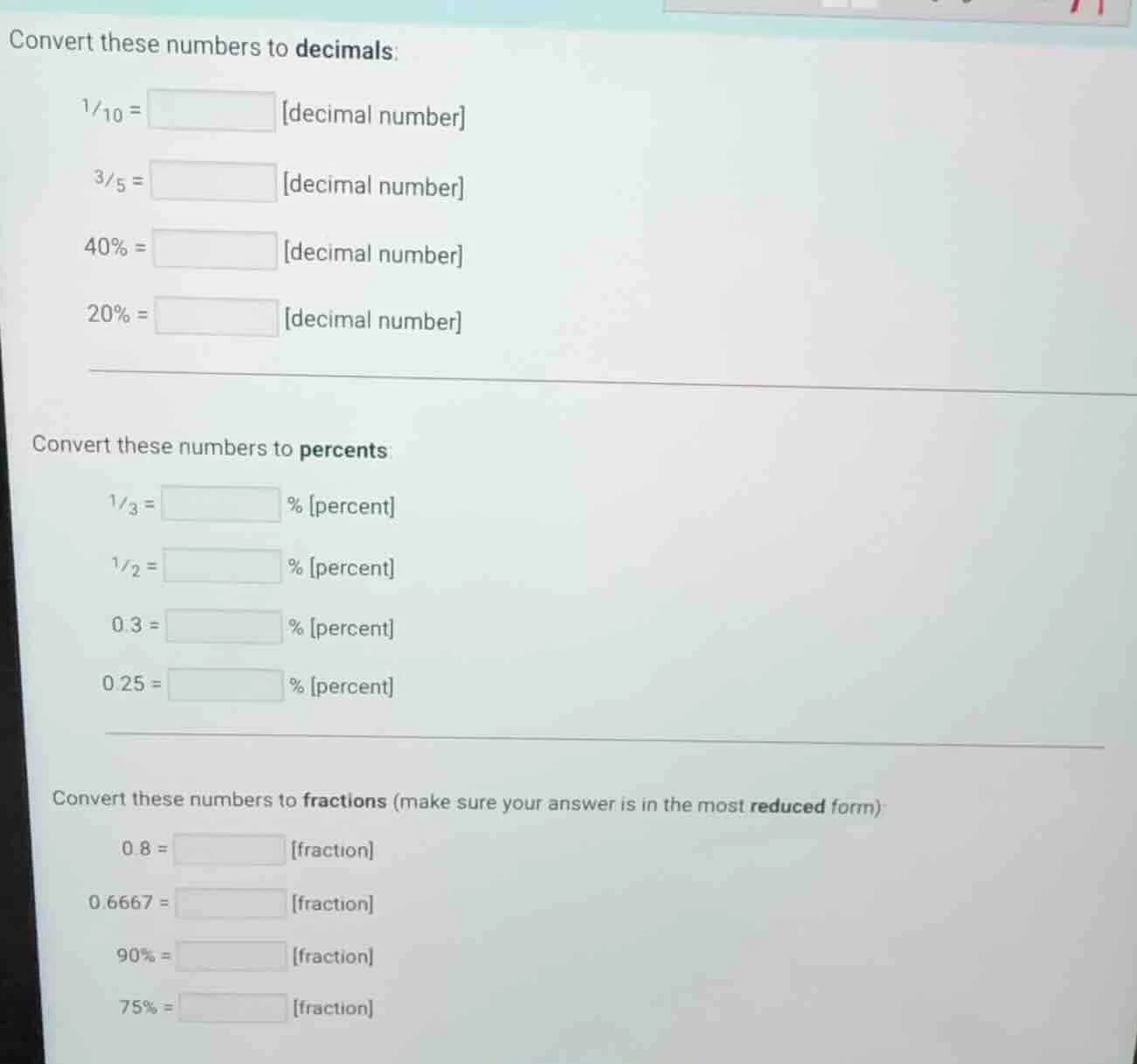 convert these numbers to decimals: \\(\\frac{1}{10}=\\) \\boxed{} decim…