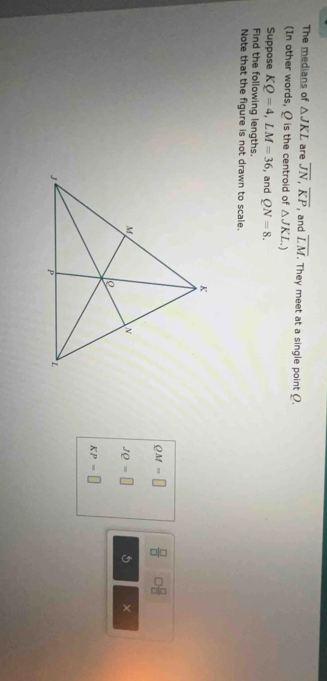 the medians of $\\triangle jkl$ are $\\overline{jn}$, $\\overline{kp}$,…