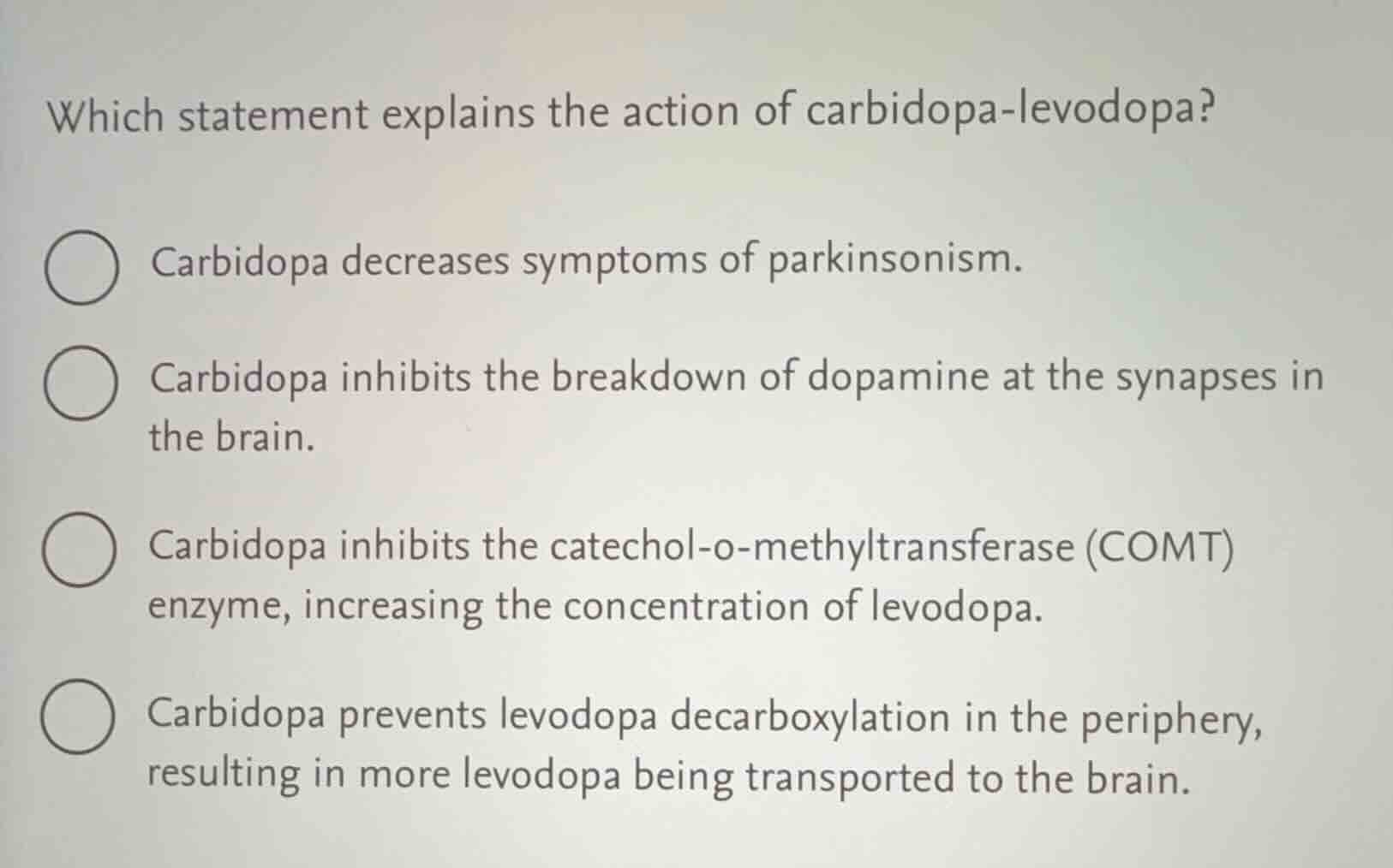 which statement explains the action of carbidopa-levodopa? carbidopa de…