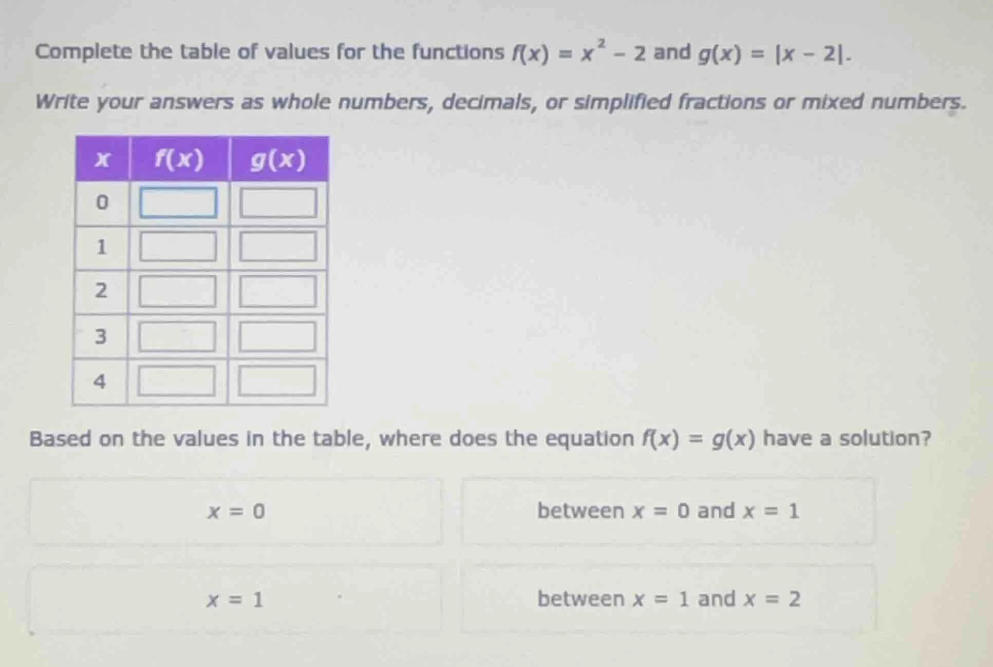 complete the table of values for the functions $f(x) = x^2 - 2$ and $g(…