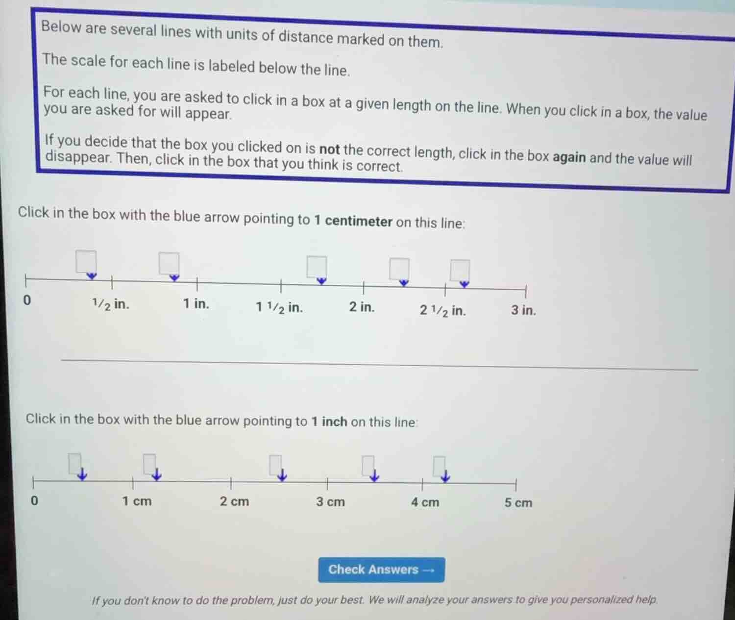 below are several lines with units of distance marked on them. the scal…