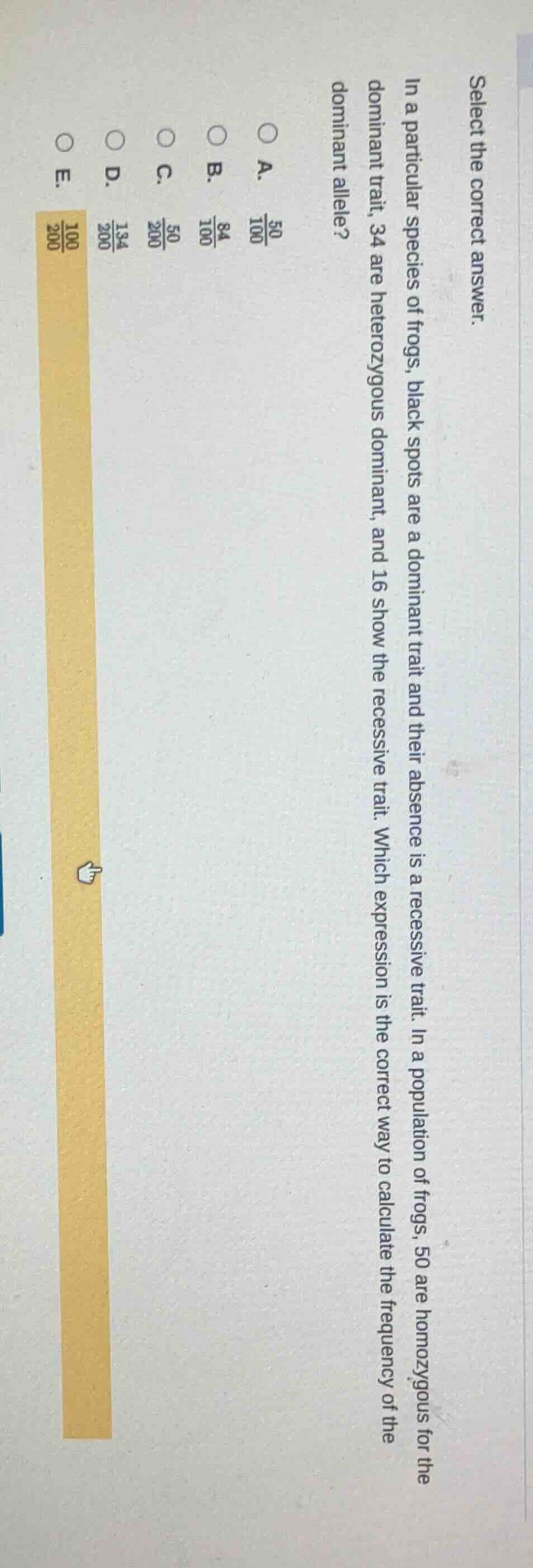 select the correct answer. in a particular species of frogs, black spot…