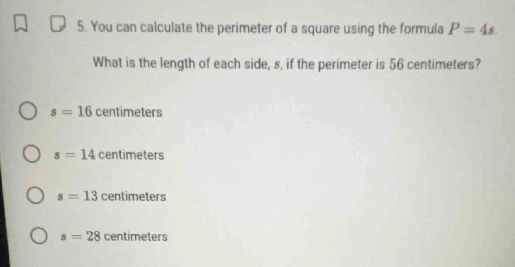 5. you can calculate the perimeter of a square using the formula $p = 4…
