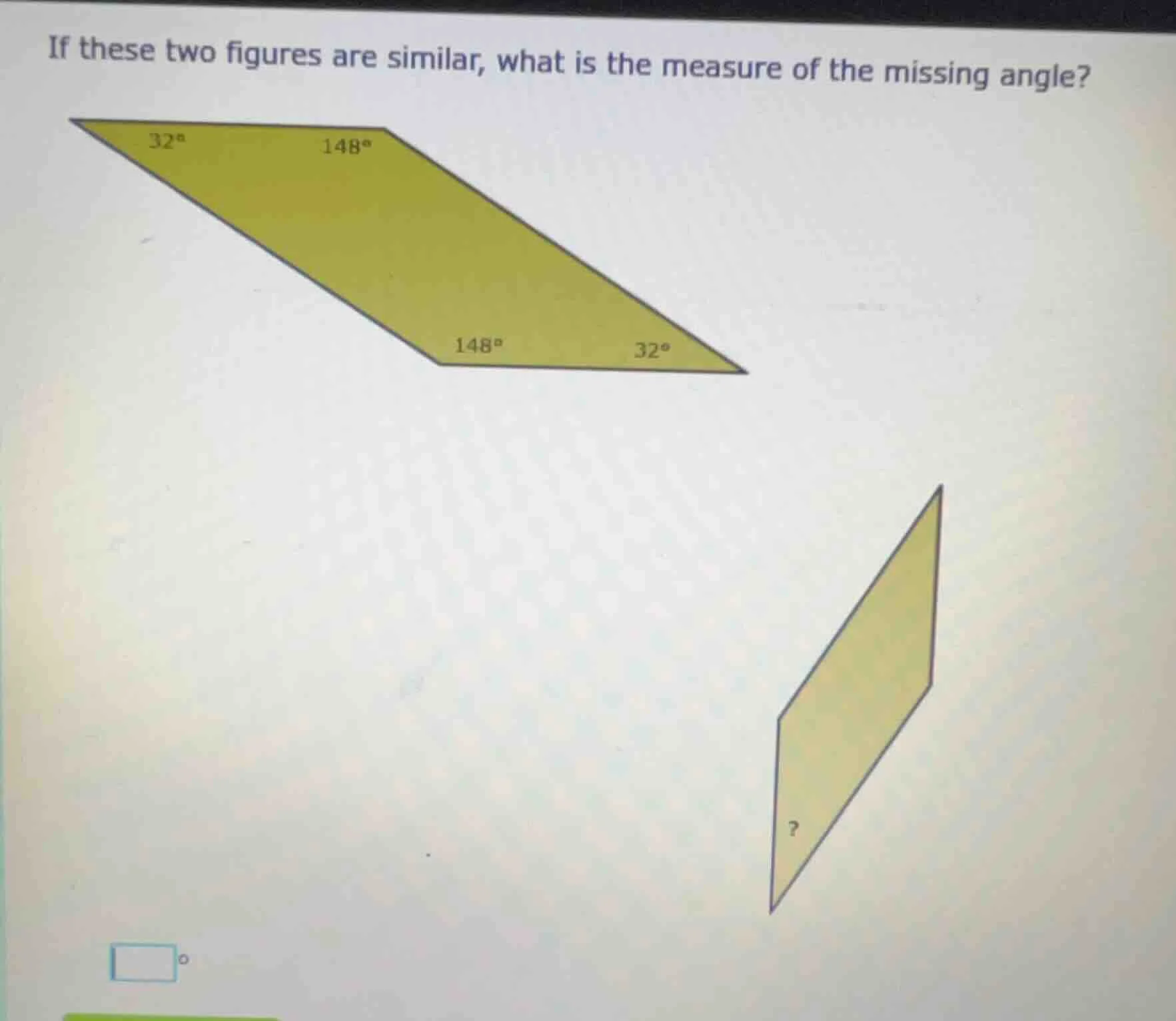 if these two figures are similar, what is the measure of the missing an…