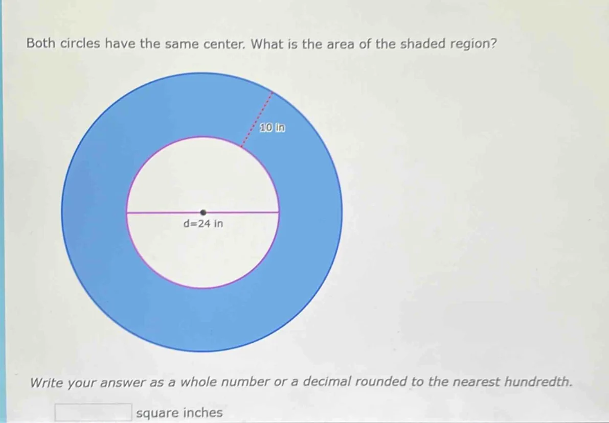 both circles have the same center. what is the area of the shaded regio…