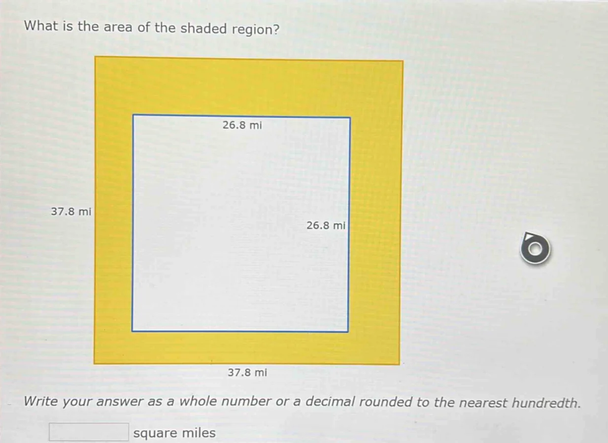 what is the area of the shaded region? 37.8 mi 37.8 mi 26.8 mi 26.8 mi …