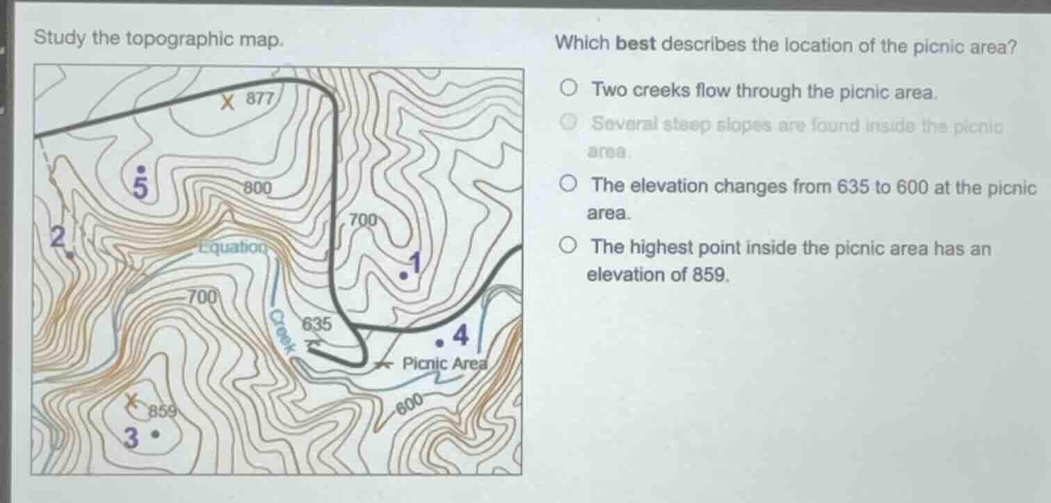 study the topographic map. which best describes the location of the pic…