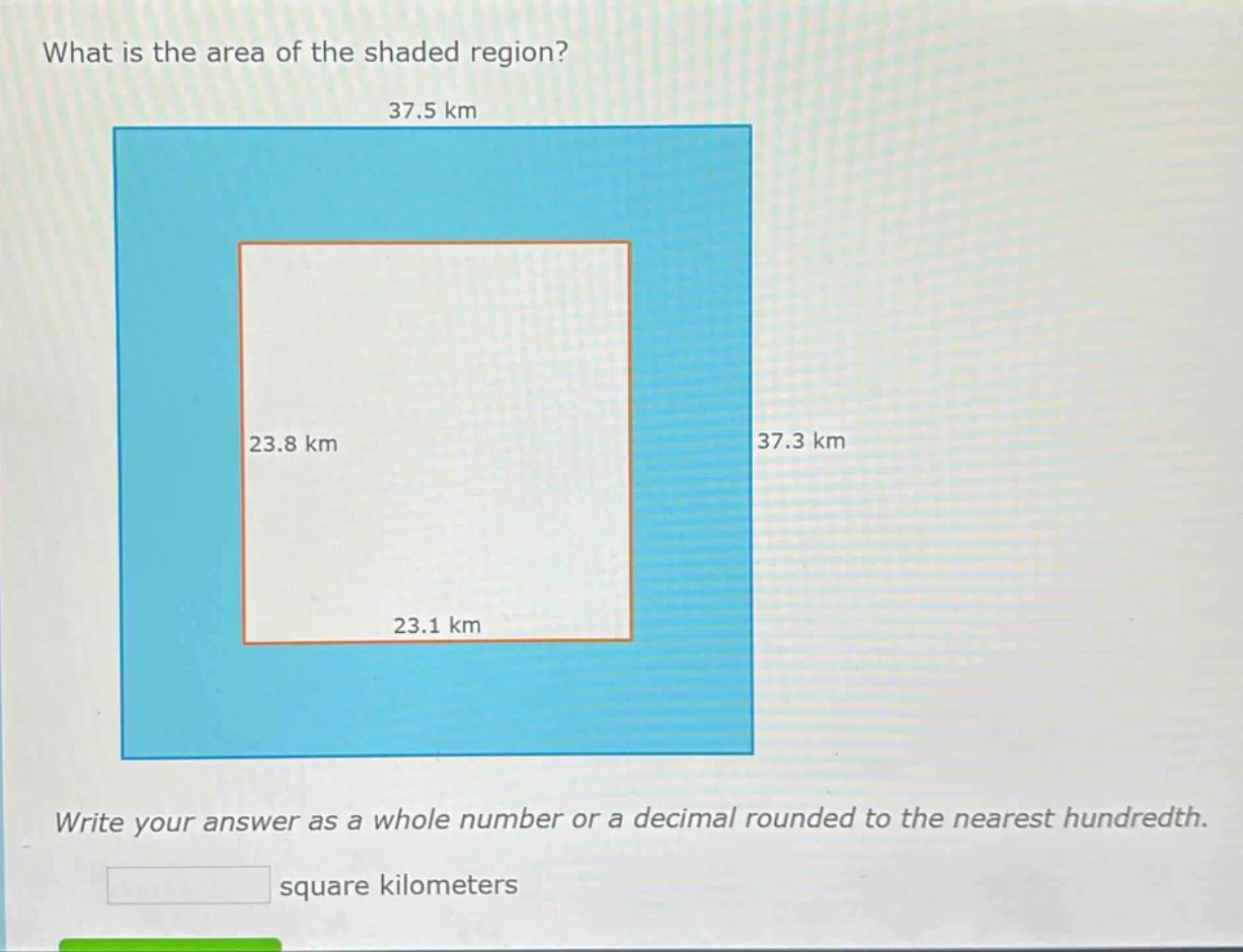 what is the area of the shaded region? 37.5 km 23.8 km 37.3 km 23.1 km …