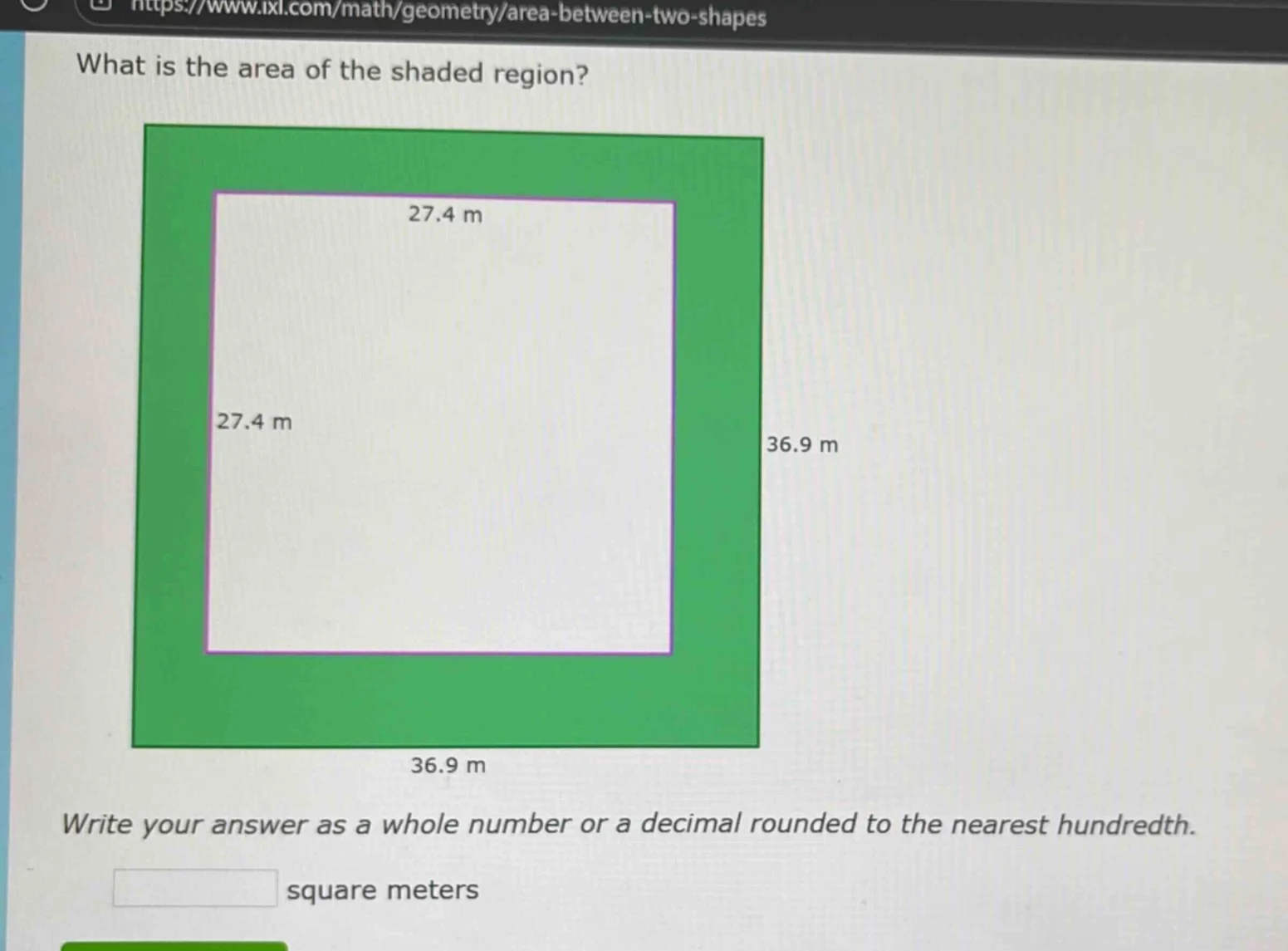 what is the area of the shaded region? 27.4 m 27.4 m 36.9 m 36.9 m writ…
