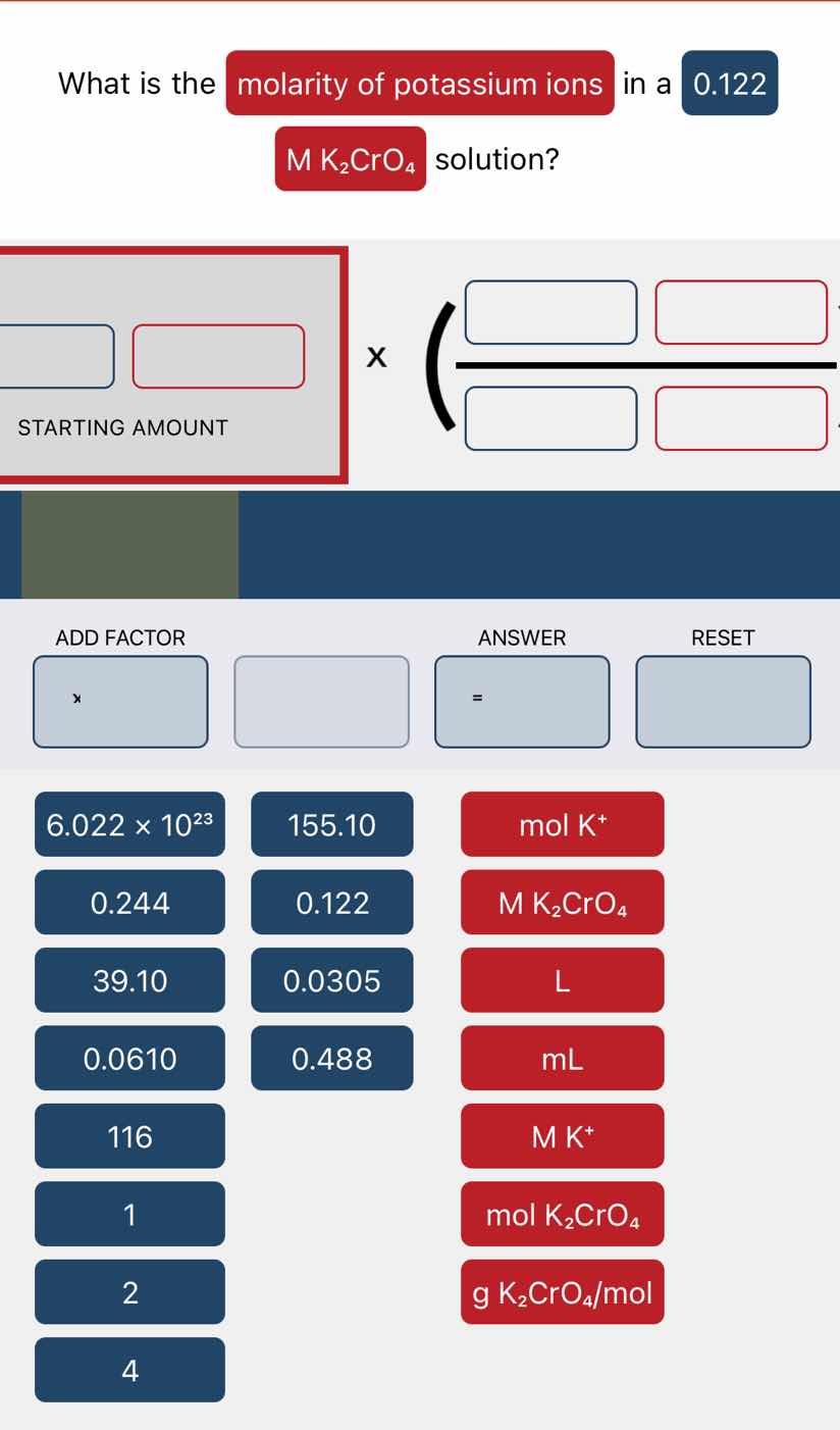 what is the molarity of potassium ions in a 0.122 m k₂cro₄ solution?