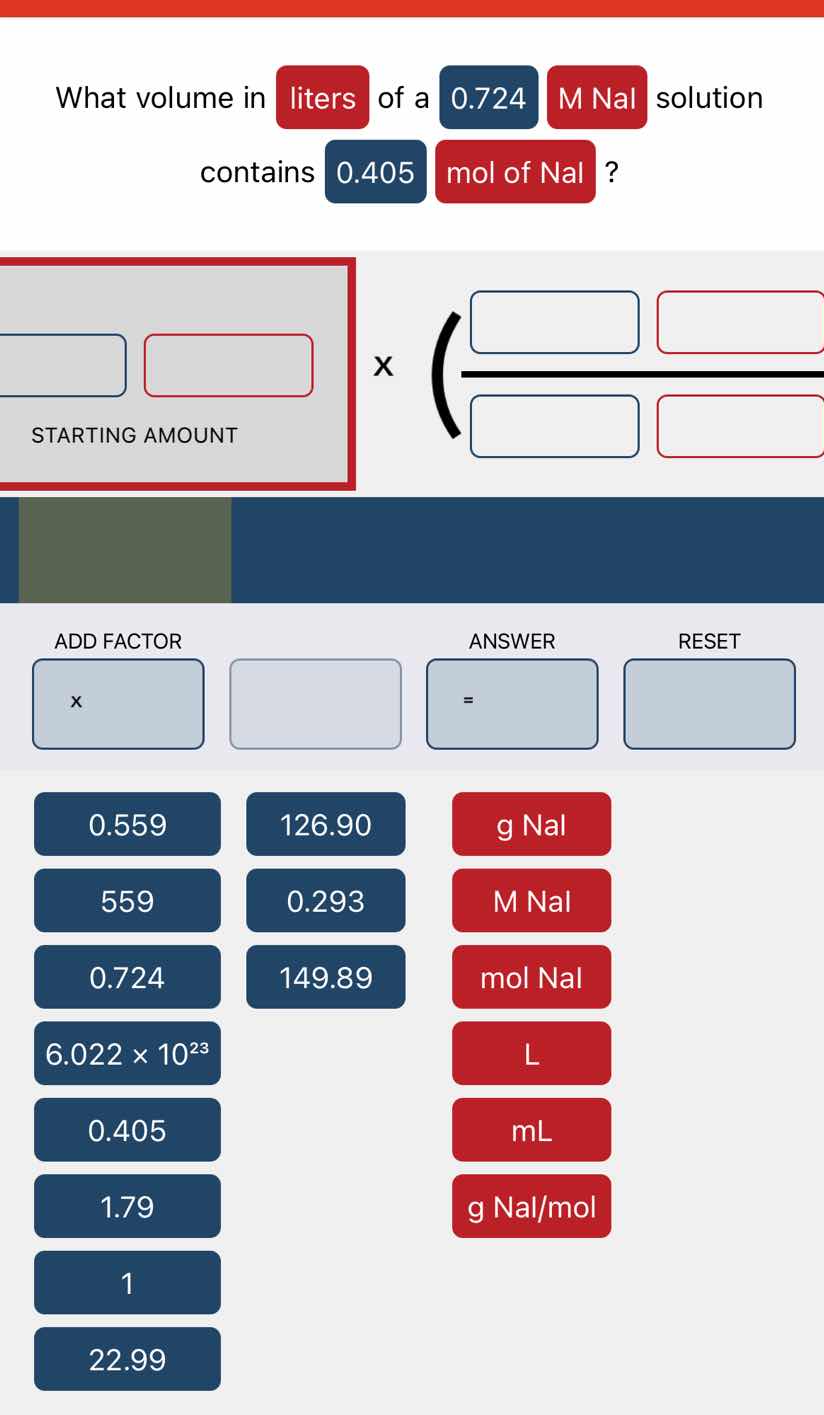 what volume in liters of a 0.724 m nai solution contains 0.405 mol of n…