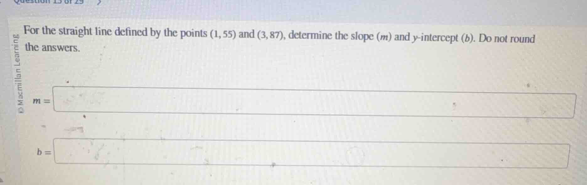 for the straight line defined by the points (1, 55) and (3, 87), determ…