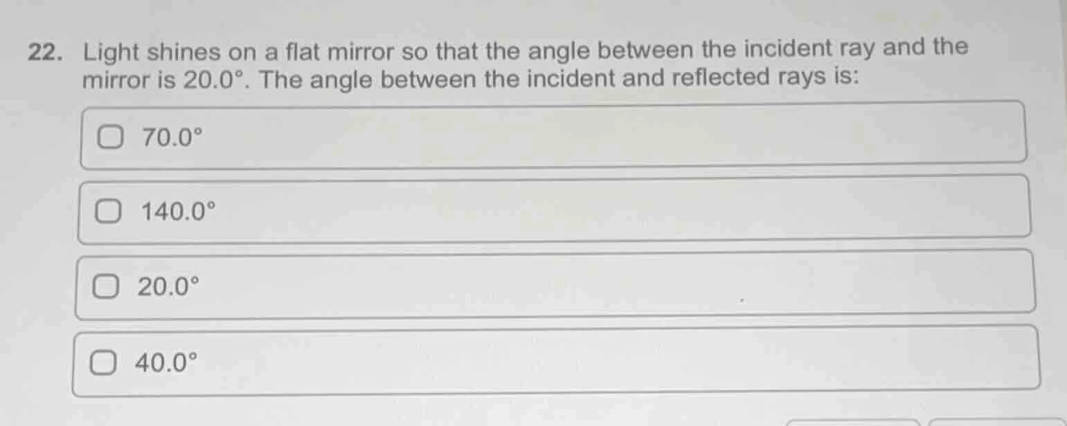 22. light shines on a flat mirror so that the angle between the inciden…