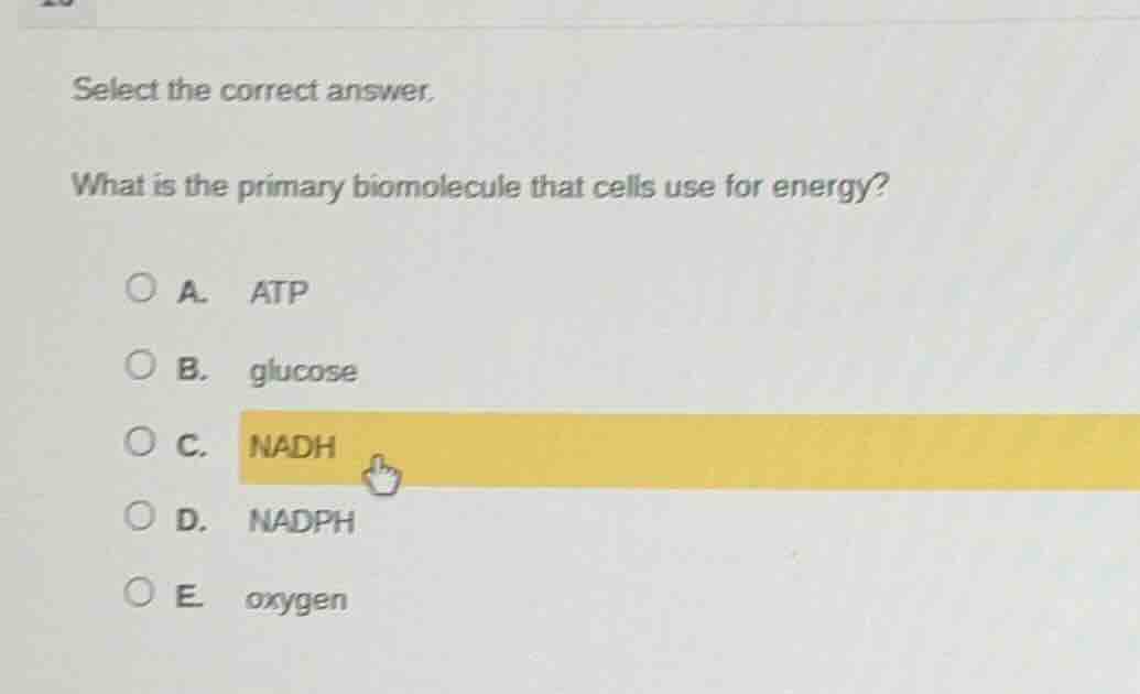 select the correct answer. what is the primary biomolecule that cells u…