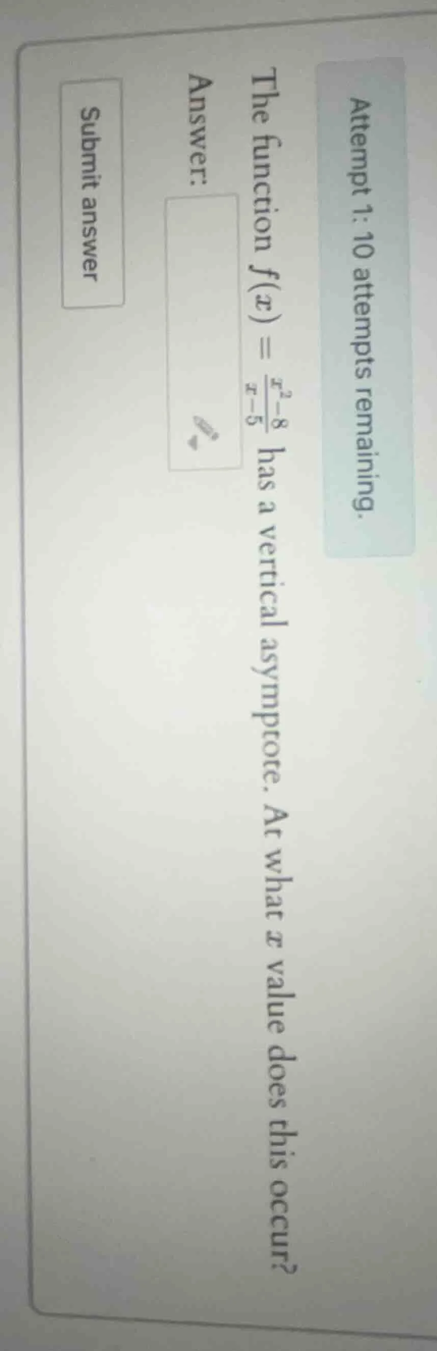attempt 1: 10 attempts remaining. the function $f(x) = \\frac{x^2 - 8}{…