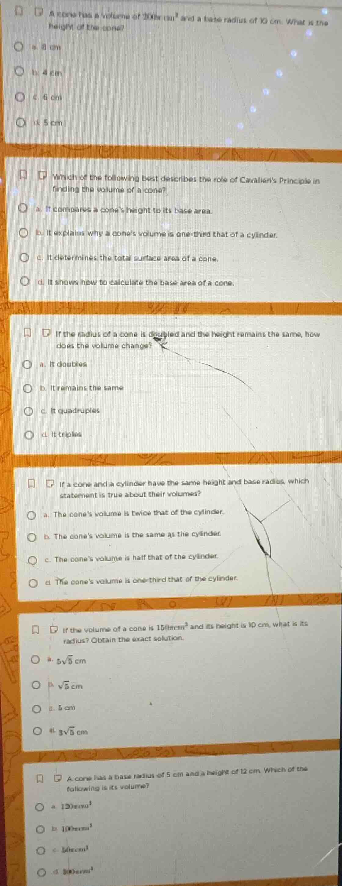 1. a cone has a volume of 200π cm³ and a base radius of 10 cm. what is …