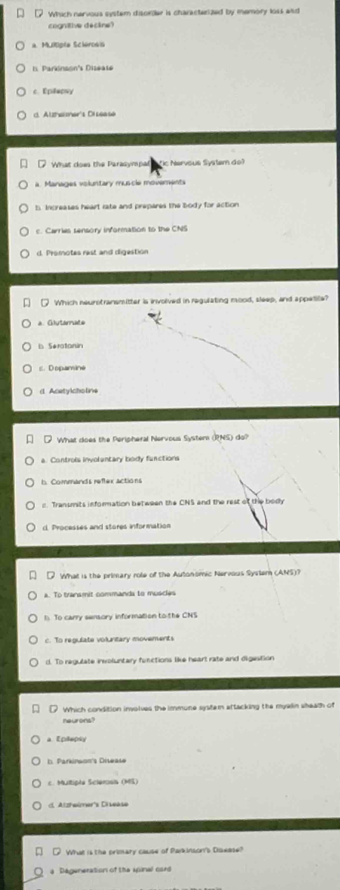 1. which nervous system disorder is characterized by memory loss and co…
