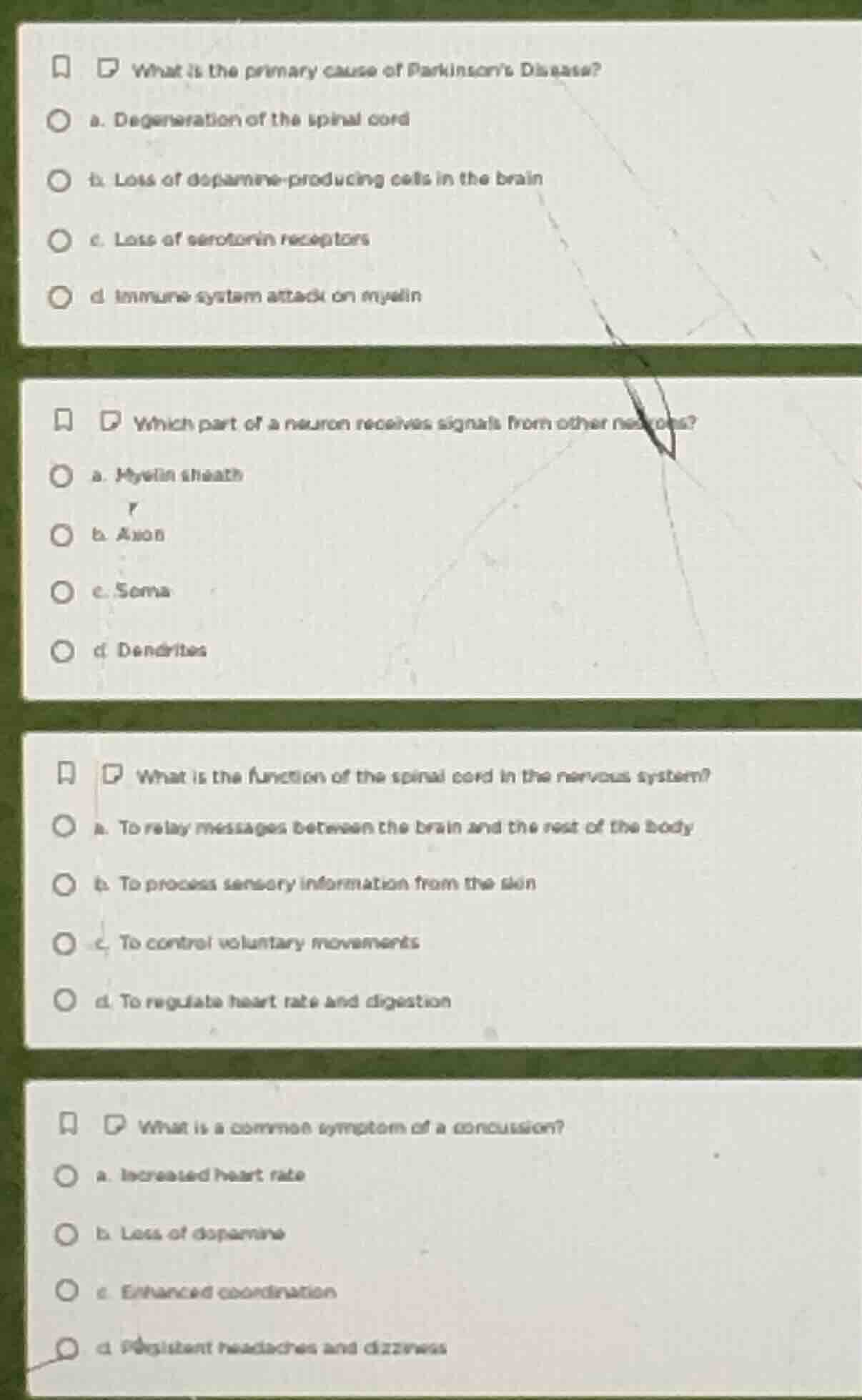 what is the primary cause of parkinson’s disease? a. degeneration of th…