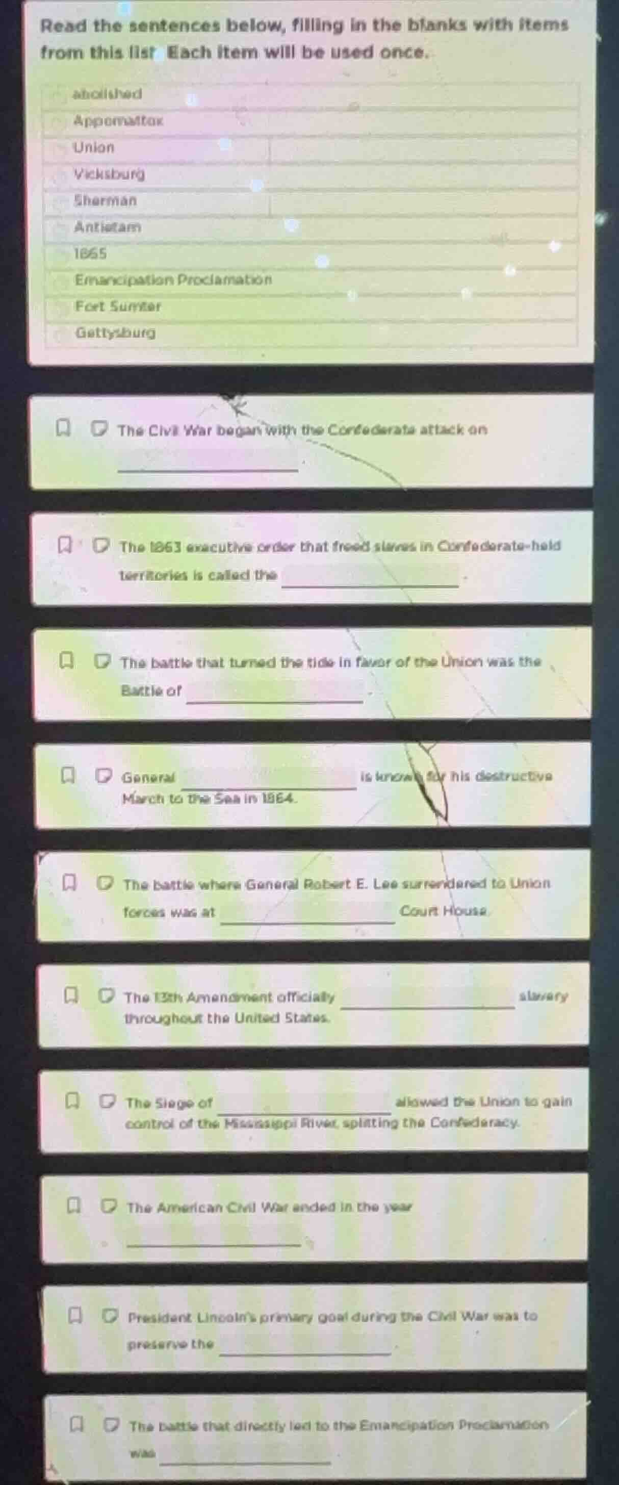 read the sentences below, filling in the blanks with items from this li…