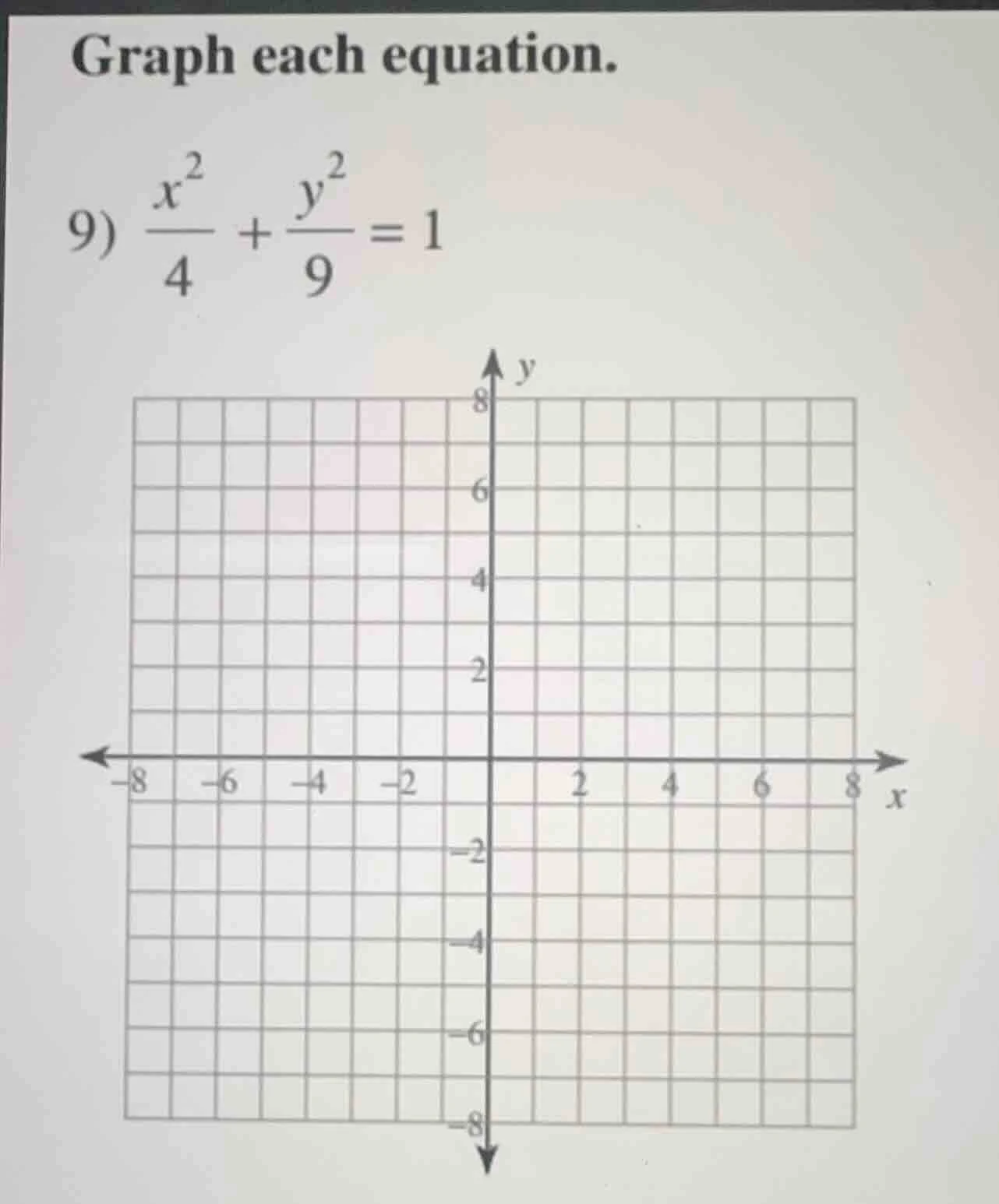 graph each equation. 9) \\(\\frac{x^2}{4} + \\frac{y^2}{9} = 1\\)