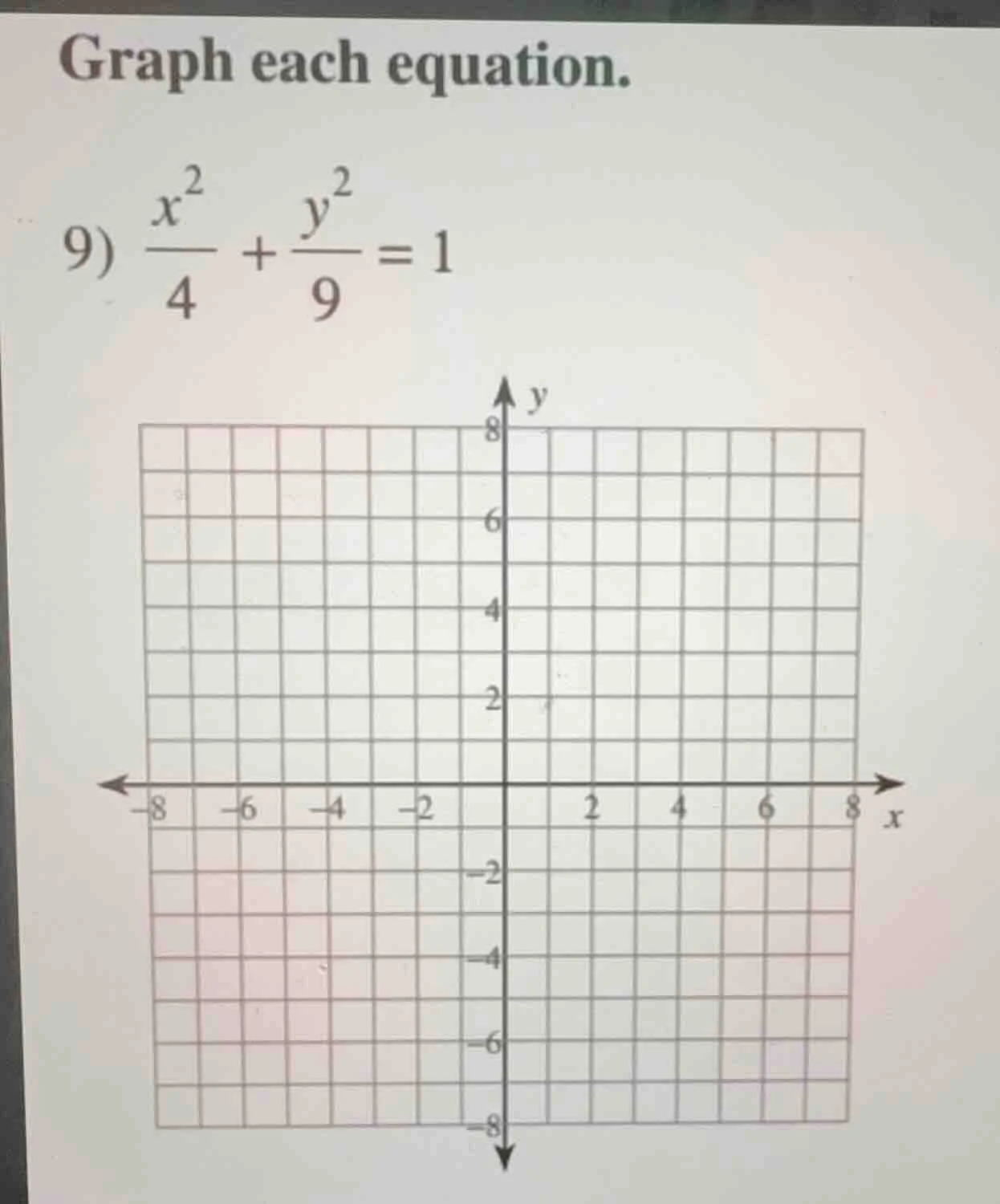 graph each equation. 9) \\(\frac{x^2}{4} + \frac{y^2}{9} = 1\\)