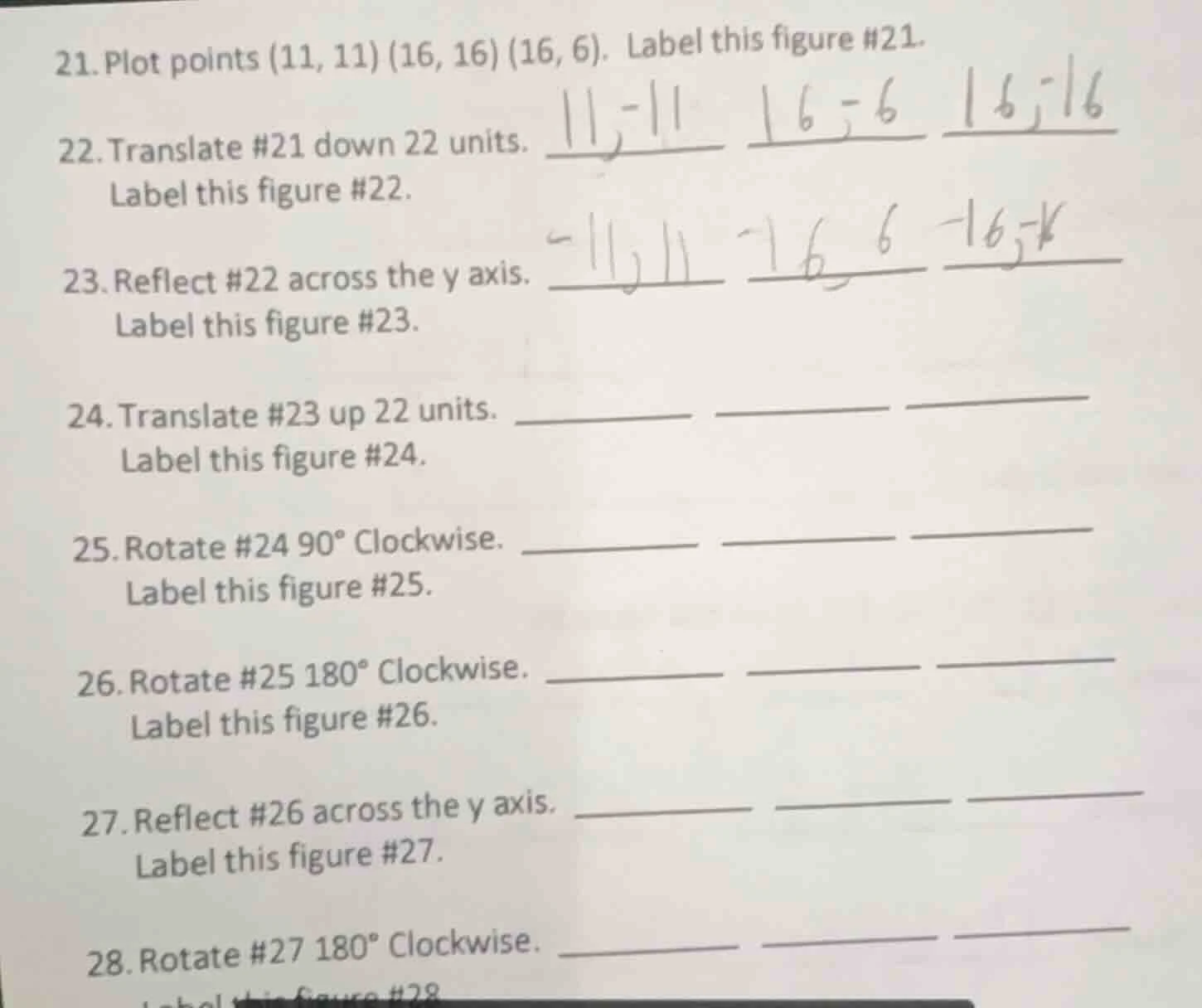 21. plot points (11, 11) (16, 16) (16, 6). label this figure #21. 22. t…