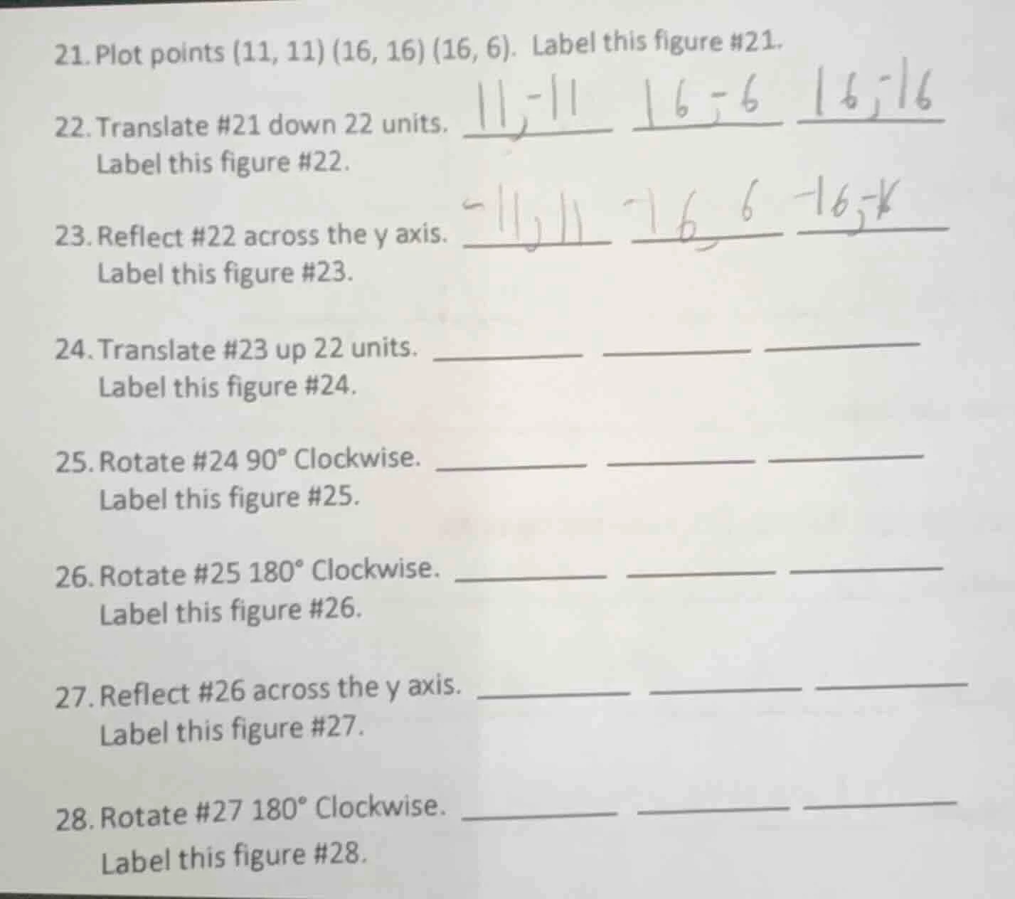 21. plot points (11, 11) (16, 16) (16, 6). label this figure #21. 22. t…
