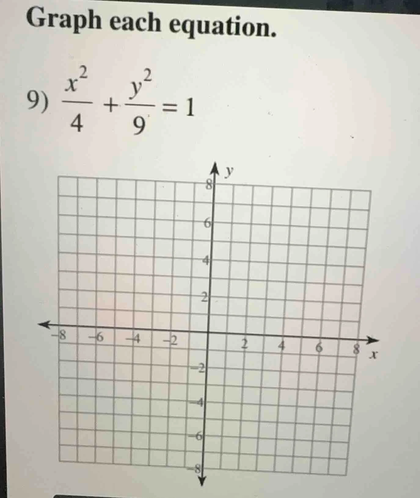 graph each equation. 9) \\(\\frac{x^2}{4} + \\frac{y^2}{9} = 1\\)