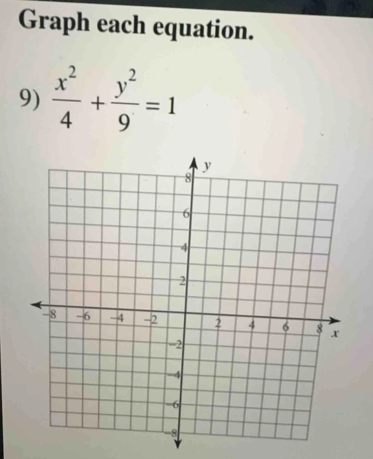graph each equation. 9) \\(\\frac{x^2}{4} + \\frac{y^2}{9} = 1\\)