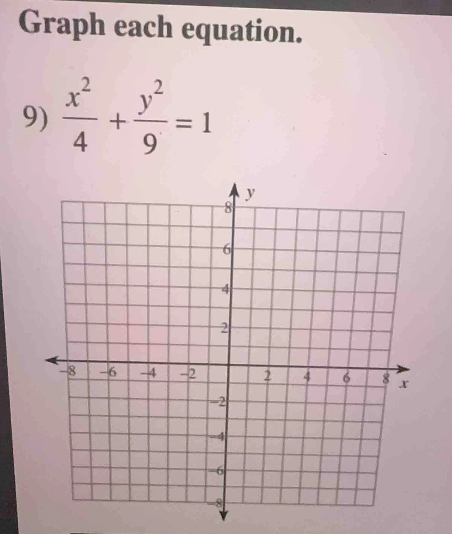 graph each equation. 9) \\(\\frac{x^2}{4} + \\frac{y^2}{9} = 1\\)