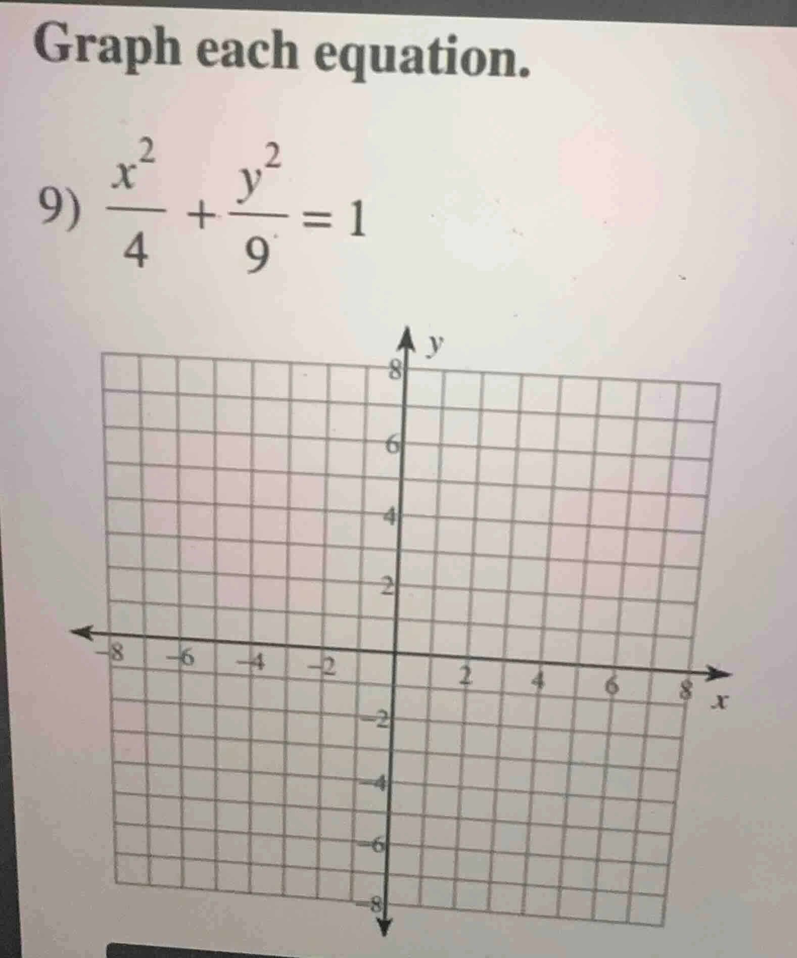 graph each equation. 9) \\(\\frac{x^2}{4} + \\frac{y^2}{9} = 1\\)
