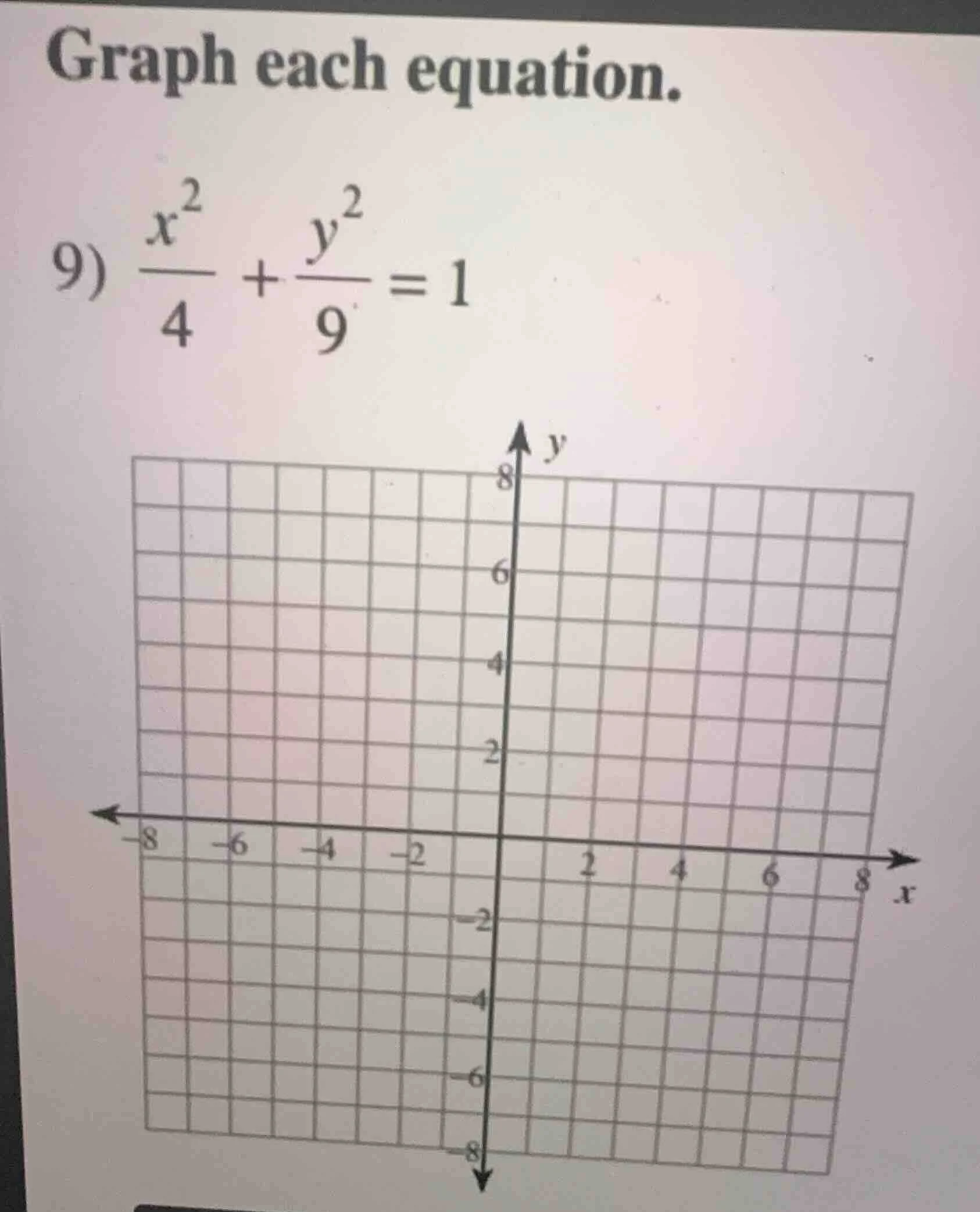 graph each equation. 9) \\(\\frac{x^2}{4} + \\frac{y^2}{9} = 1\\)