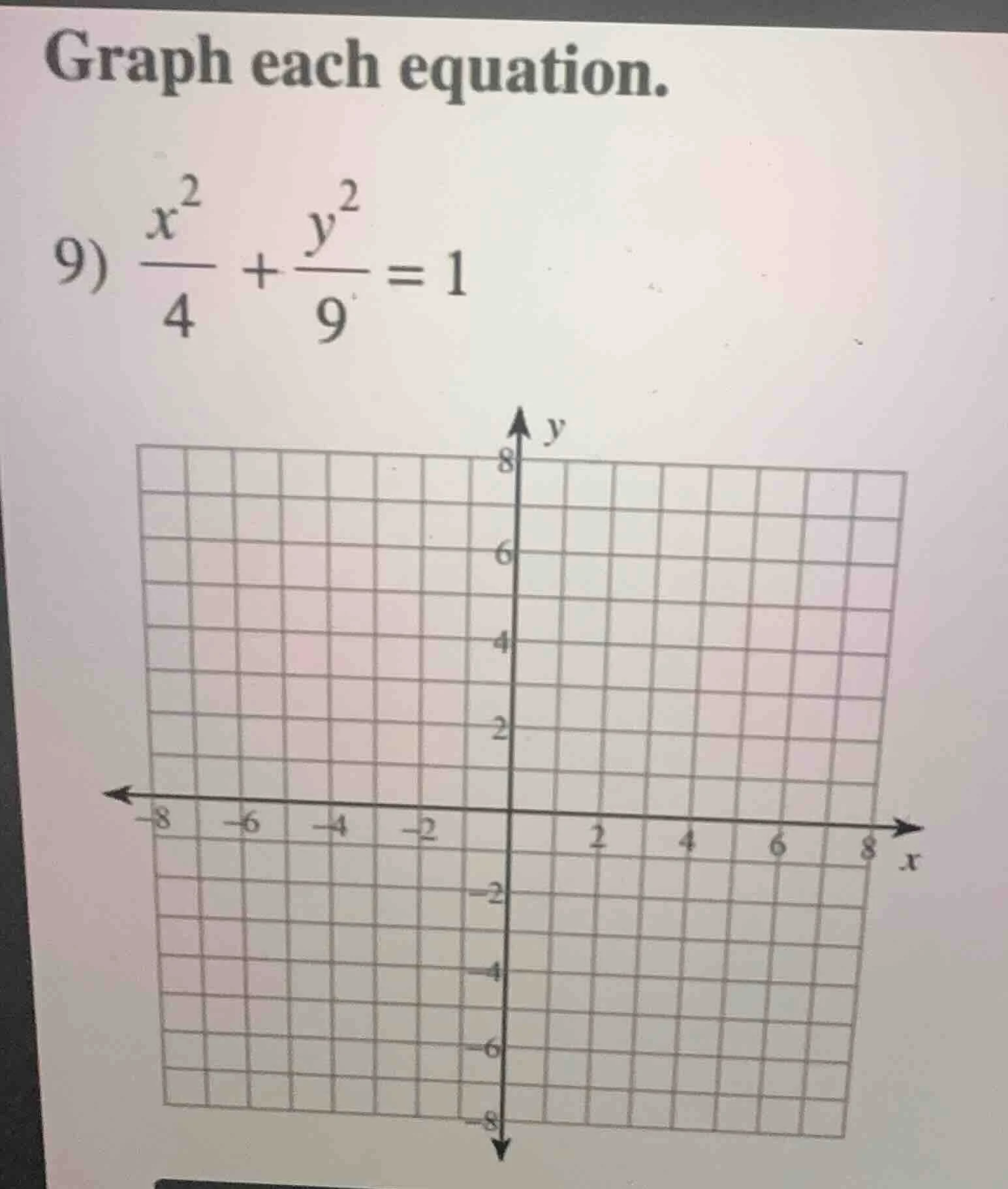 graph each equation. 9) \\(\\frac{x^2}{4} + \\frac{y^2}{9} = 1\\)