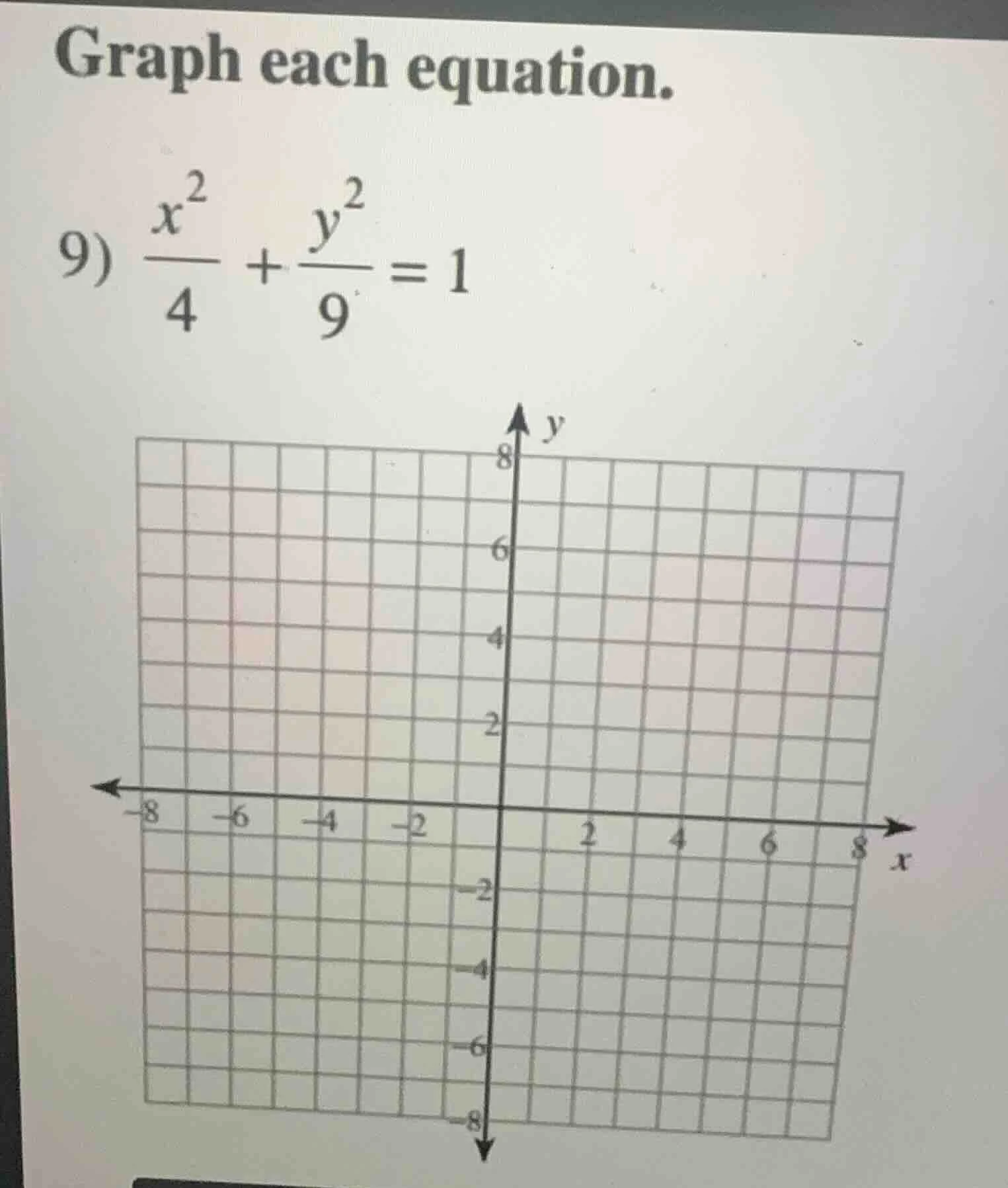 graph each equation. 9) \\(\\frac{x^2}{4} + \\frac{y^2}{9} = 1\\)