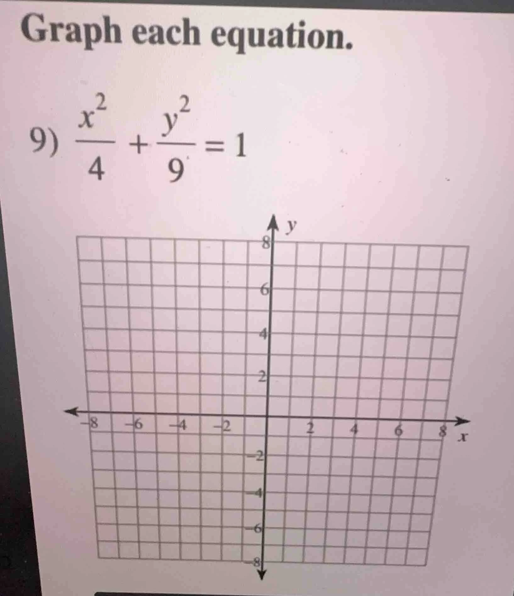 graph each equation. 9) \\(\\frac{x^2}{4} + \\frac{y^2}{9} = 1\\)