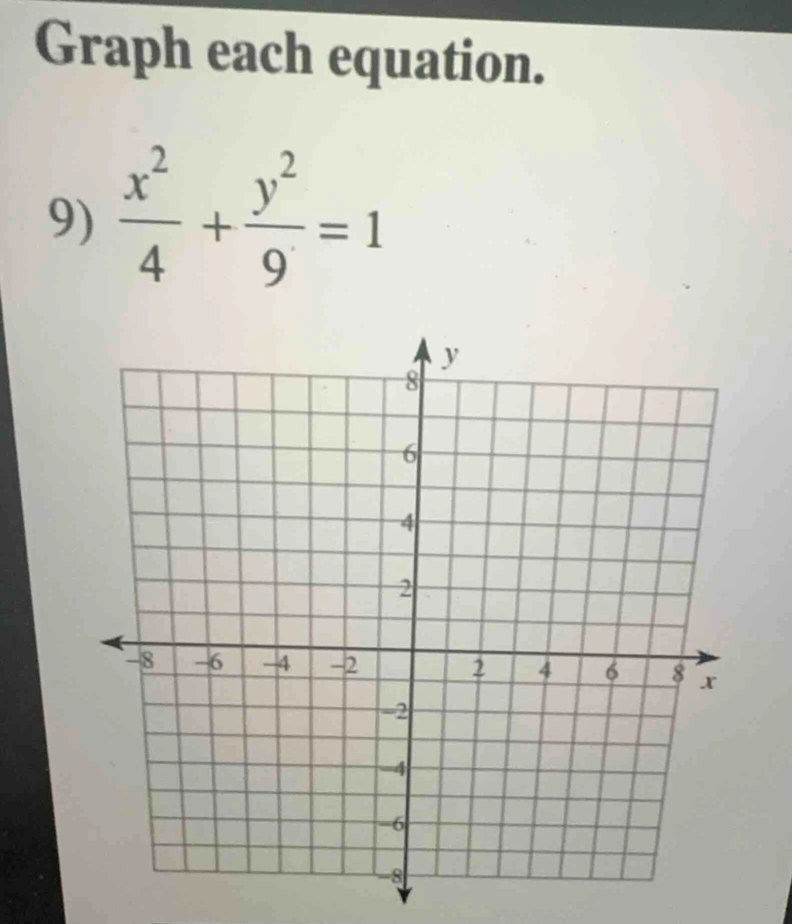graph each equation. 9) \\(\\frac{x^2}{4} + \\frac{y^2}{9} = 1\\)