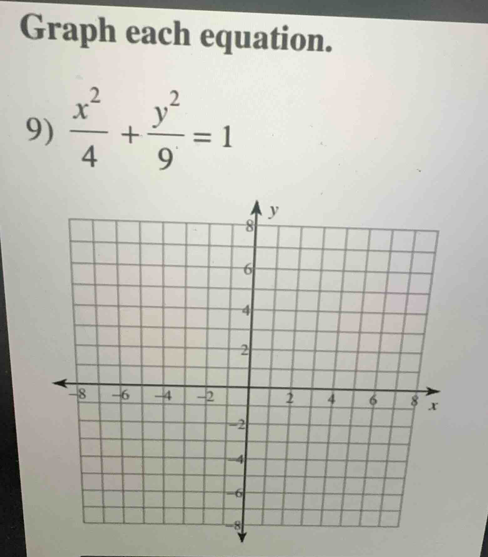 graph each equation. 9) \\(\\frac{x^2}{4} + \\frac{y^2}{9} = 1\\)
