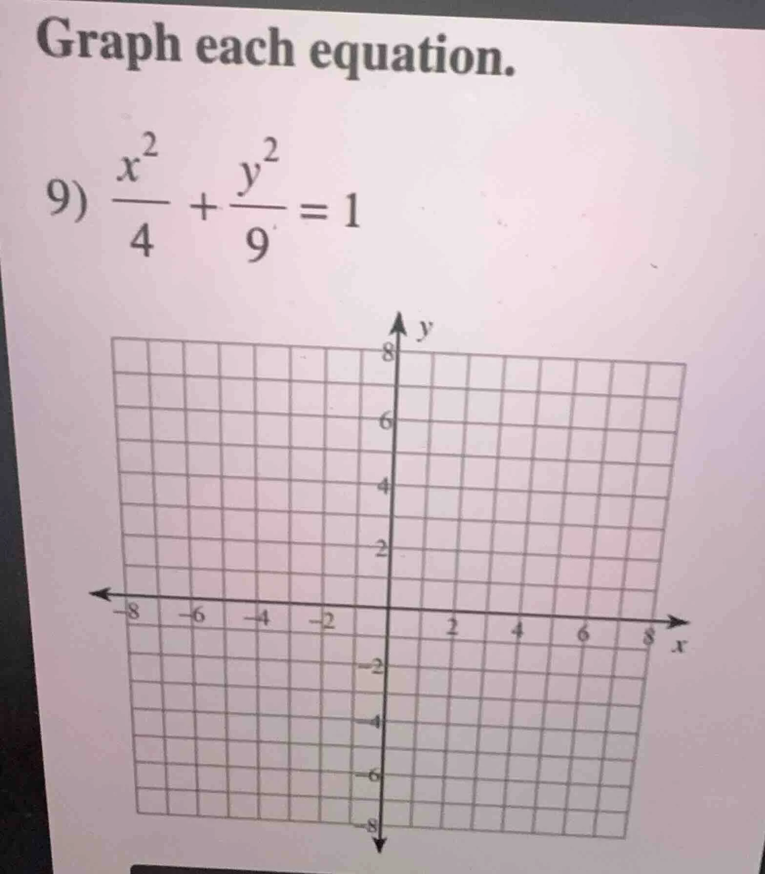 graph each equation. 9) $\\frac{x^2}{4} + \\frac{y^2}{9} = 1$