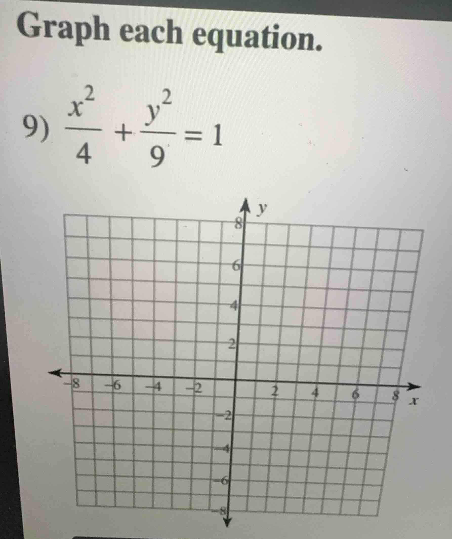 graph each equation. 9) \\(\\frac{x^2}{4} + \\frac{y^2}{9} = 1\\)