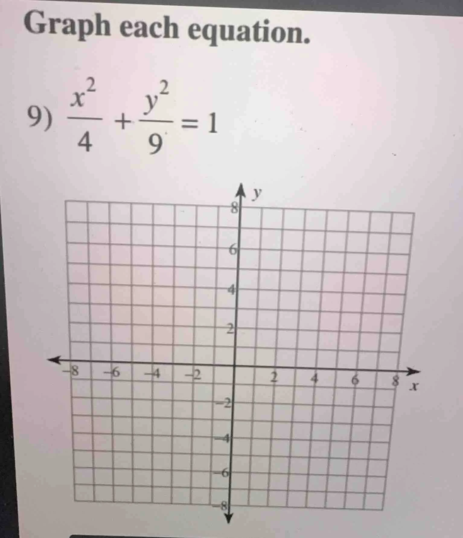 graph each equation. 9) \\(\\frac{x^2}{4} + \\frac{y^2}{9} = 1\\)