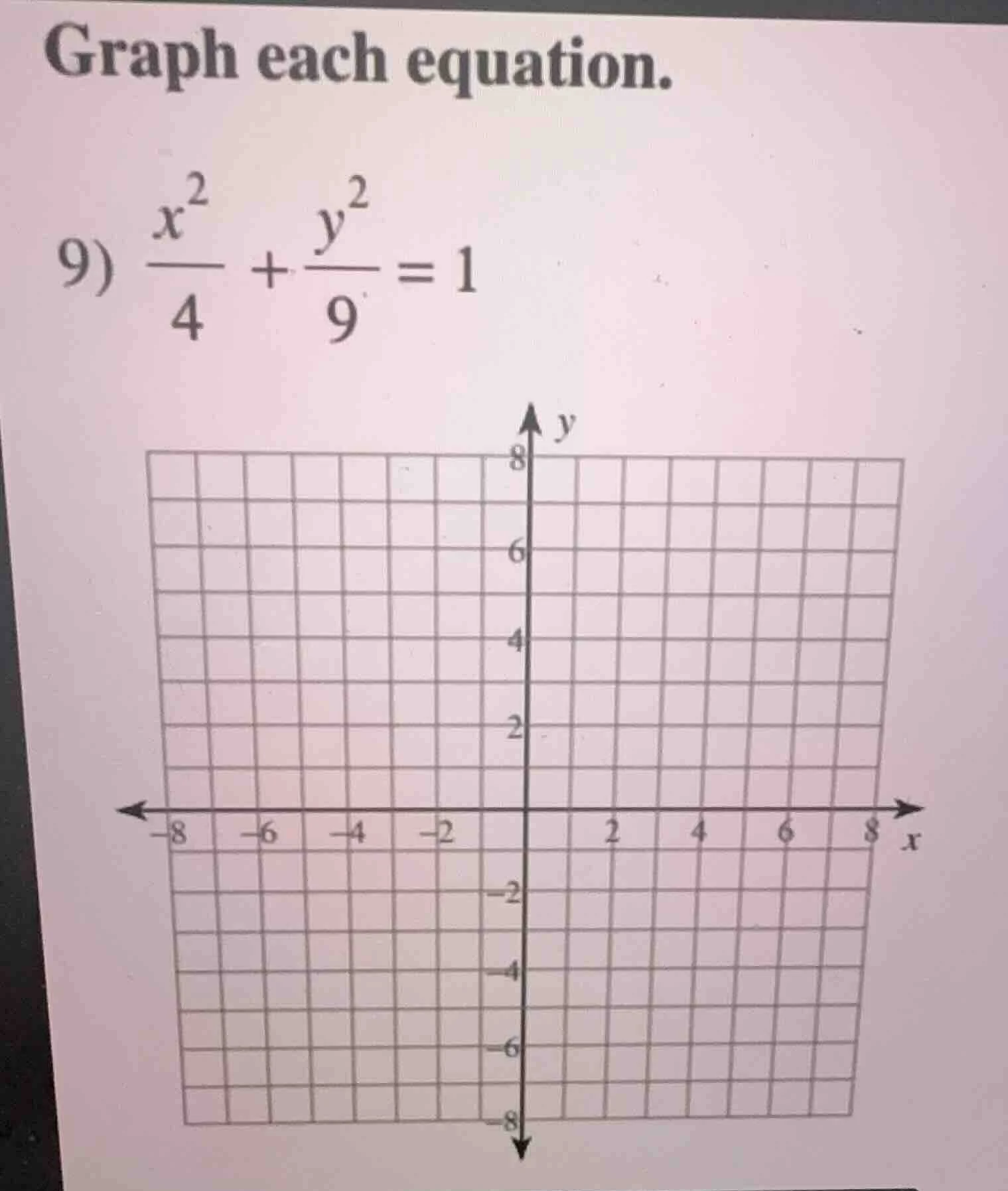 graph each equation. 9) \\(\\frac{x^2}{4} + \\frac{y^2}{9} = 1\\)