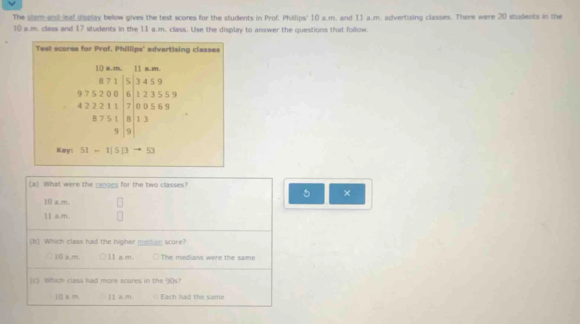 the stem - and - leaf display below gives the test scores for the stude…