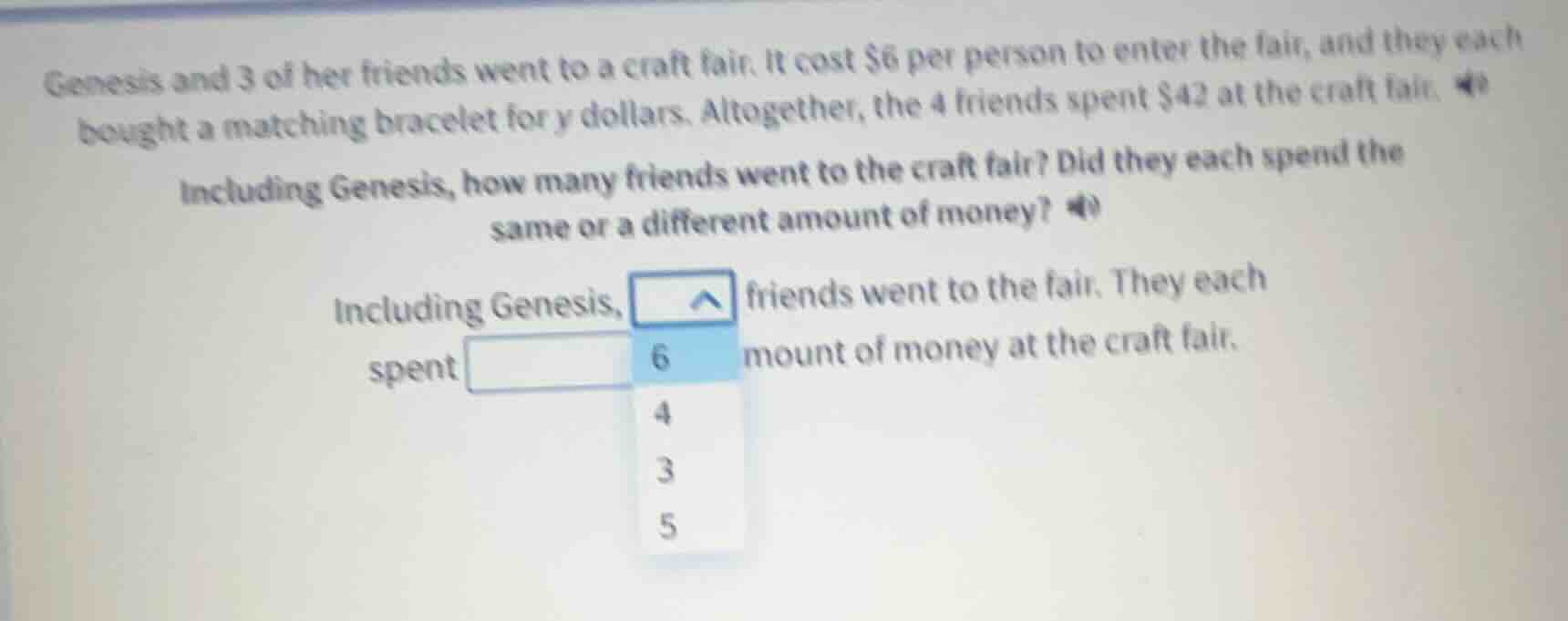 genesis and 3 of her friends went to a craft fair. it cost $6 per perso…