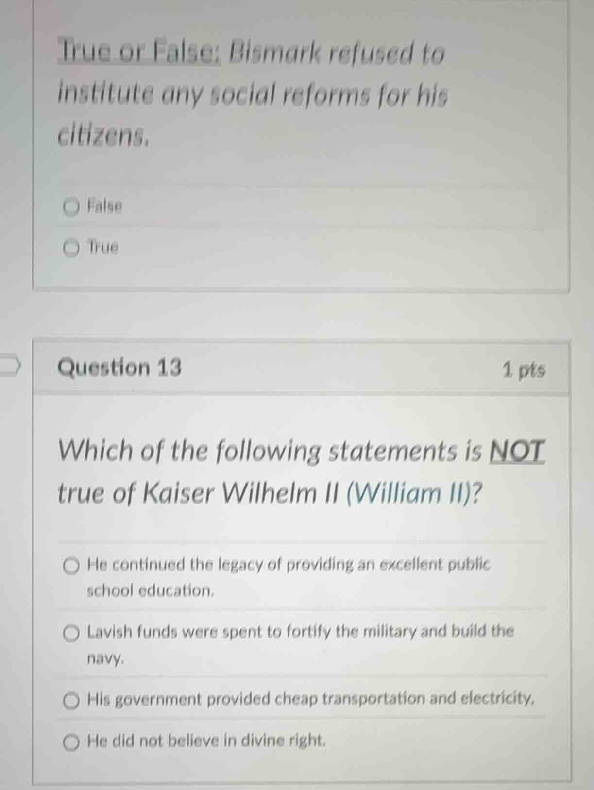 true or false: bismark refused to institute any social reforms for his …