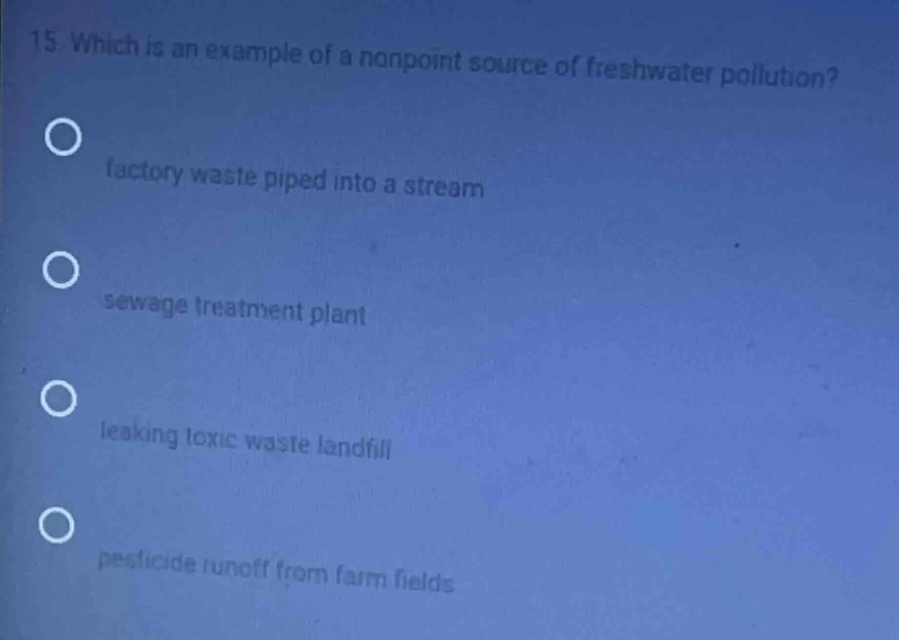 15 which is an example of a nonpoint source of freshwater pollution? fa…